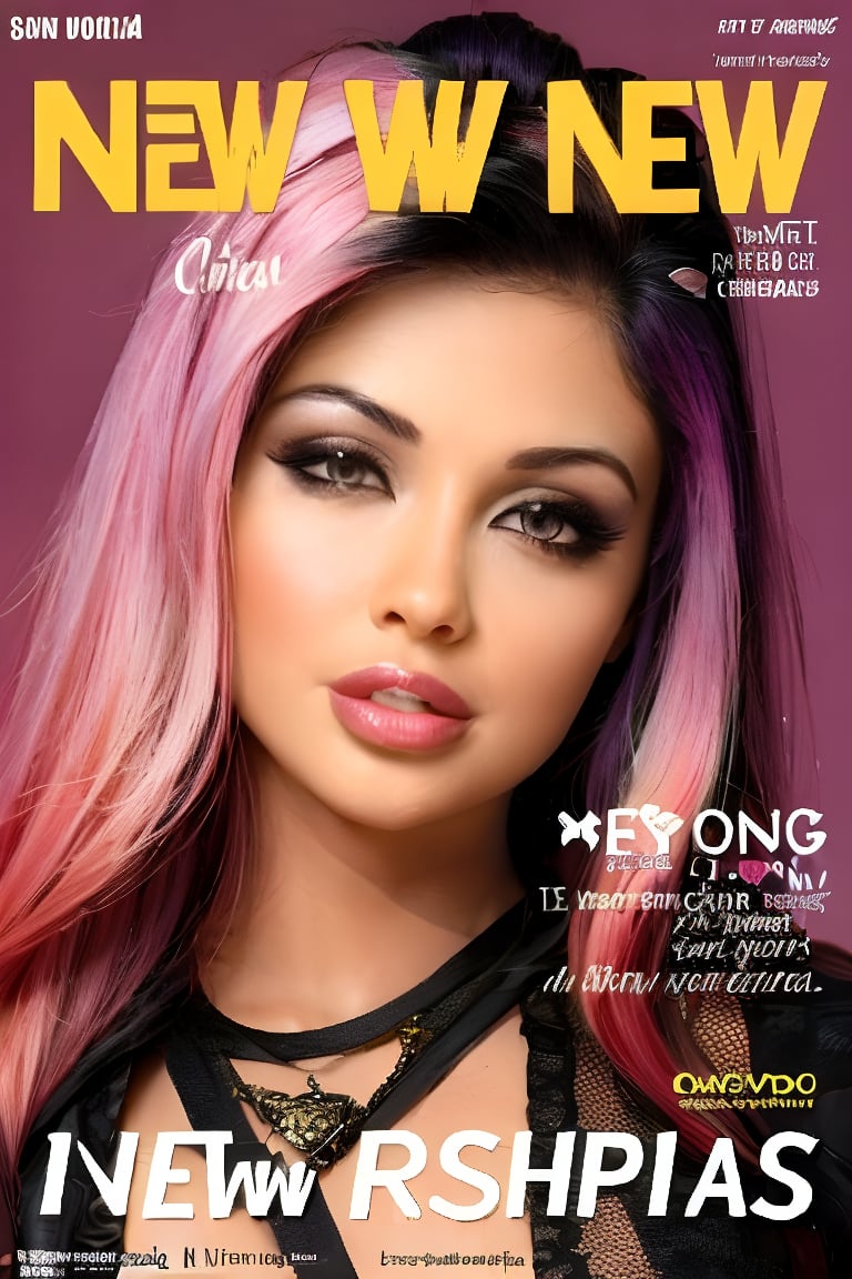 1girl, solo, upper body, beautiful gradient hair color, lips, traditional media, reality, pop idol magazine, title font "New idol is coming", attractive cover with beautiful people, jpop cover 80s