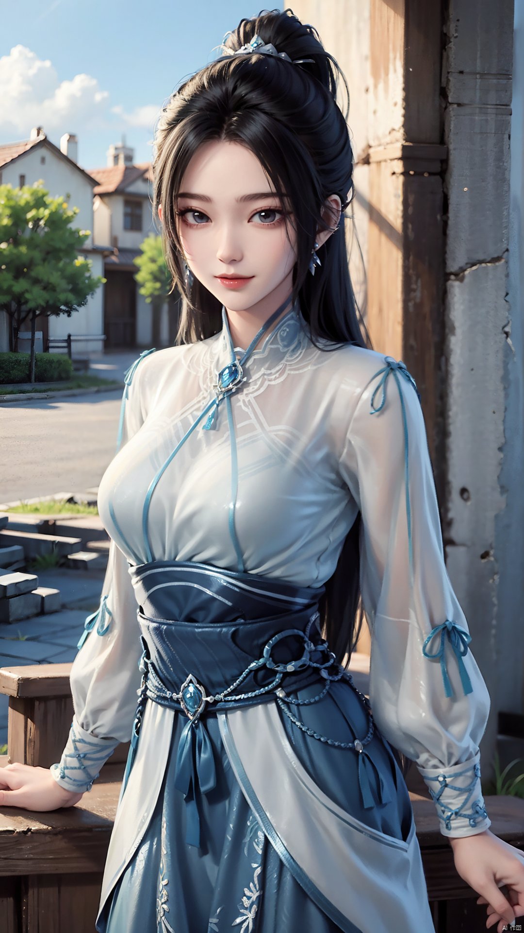 1girl, long hair, solo, earrings, dress, jewelry, ponytail, blue dress, chinese clothes, long sleeves, looking at viewer, mischevious smile, perfect body, scenery, sharp focus, best quality, masterpiece, detailed outfit, illustration, perfect eyes, finely detailed beautiful anime eyes, realistic skin, intricate details, best lighting, depth of field, ultra high resolution,cowboy_shot, dynamic pose, dynamic angle,