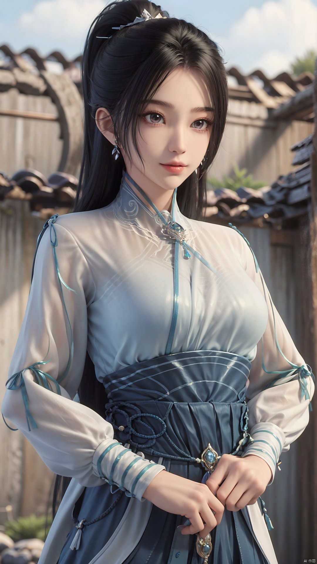 1girl, long hair, solo, earrings, dress, jewelry, ponytail, blue dress, chinese clothes, long sleeves, looking at viewer, mischevious smile, perfect body, scenery, sharp focus, best quality, masterpiece, detailed outfit, illustration, perfect eyes, finely detailed beautiful anime eyes, realistic skin, intricate details, best lighting, depth of field, ultra high resolution,cowboy_shot, dynamic pose, dynamic angle,