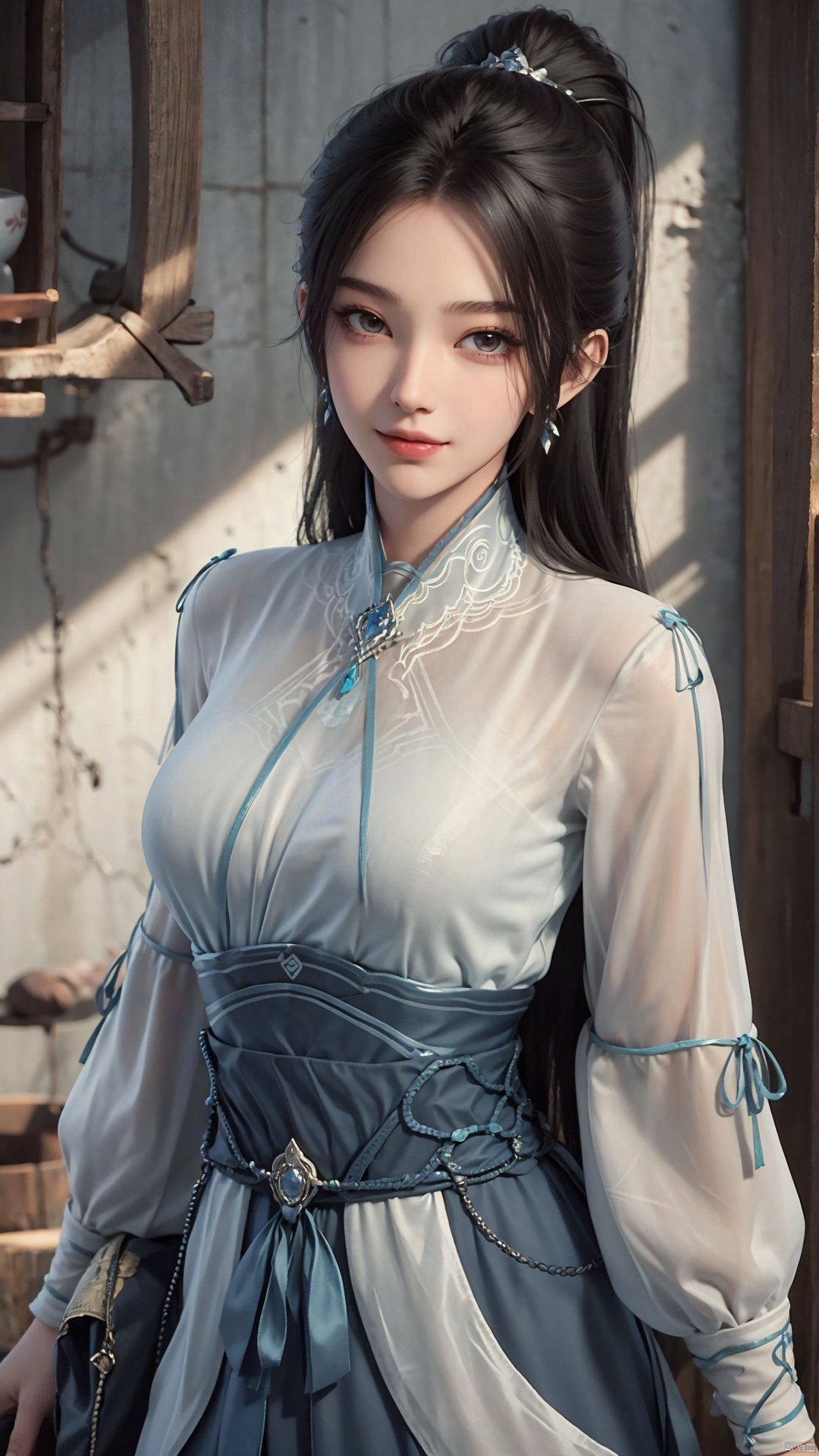 1girl, long hair, solo, earrings, dress, jewelry, ponytail, blue dress, chinese clothes, long sleeves, looking at viewer, mischevious smile, perfect body, scenery, sharp focus, best quality, masterpiece, detailed outfit, illustration, perfect eyes, finely detailed beautiful anime eyes, realistic skin, intricate details, best lighting, depth of field, ultra high resolution,cowboy_shot, dynamic pose, dynamic angle,