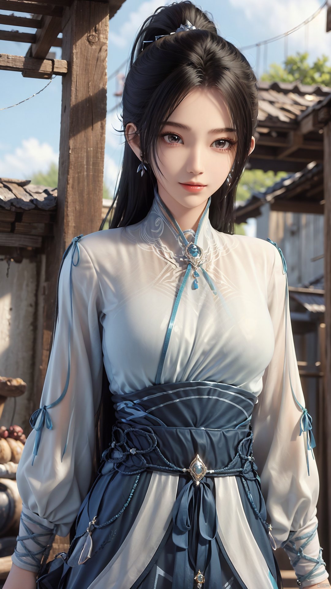 1girl, long hair, solo, earrings, dress, jewelry, ponytail, blue dress, chinese clothes, long sleeves, looking at viewer, mischevious smile, perfect body, scenery, sharp focus, best quality, masterpiece, detailed outfit, illustration, perfect eyes, finely detailed beautiful anime eyes, realistic skin, intricate details, best lighting, depth of field, ultra high resolution,cowboy_shot, dynamic pose, dynamic angle,