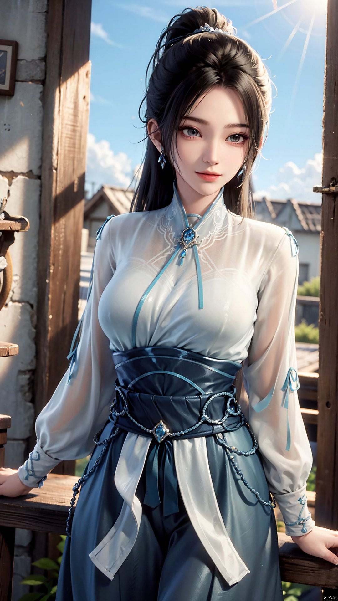 1girl, long hair, solo, earrings, dress, jewelry, ponytail, blue dress, chinese clothes, long sleeves, looking at viewer, mischevious smile, perfect body, scenery, sharp focus, best quality, masterpiece, detailed outfit, illustration, perfect eyes, finely detailed beautiful anime eyes, realistic skin, intricate details, best lighting, depth of field, ultra high resolution,cowboy_shot, dynamic pose, dynamic angle,