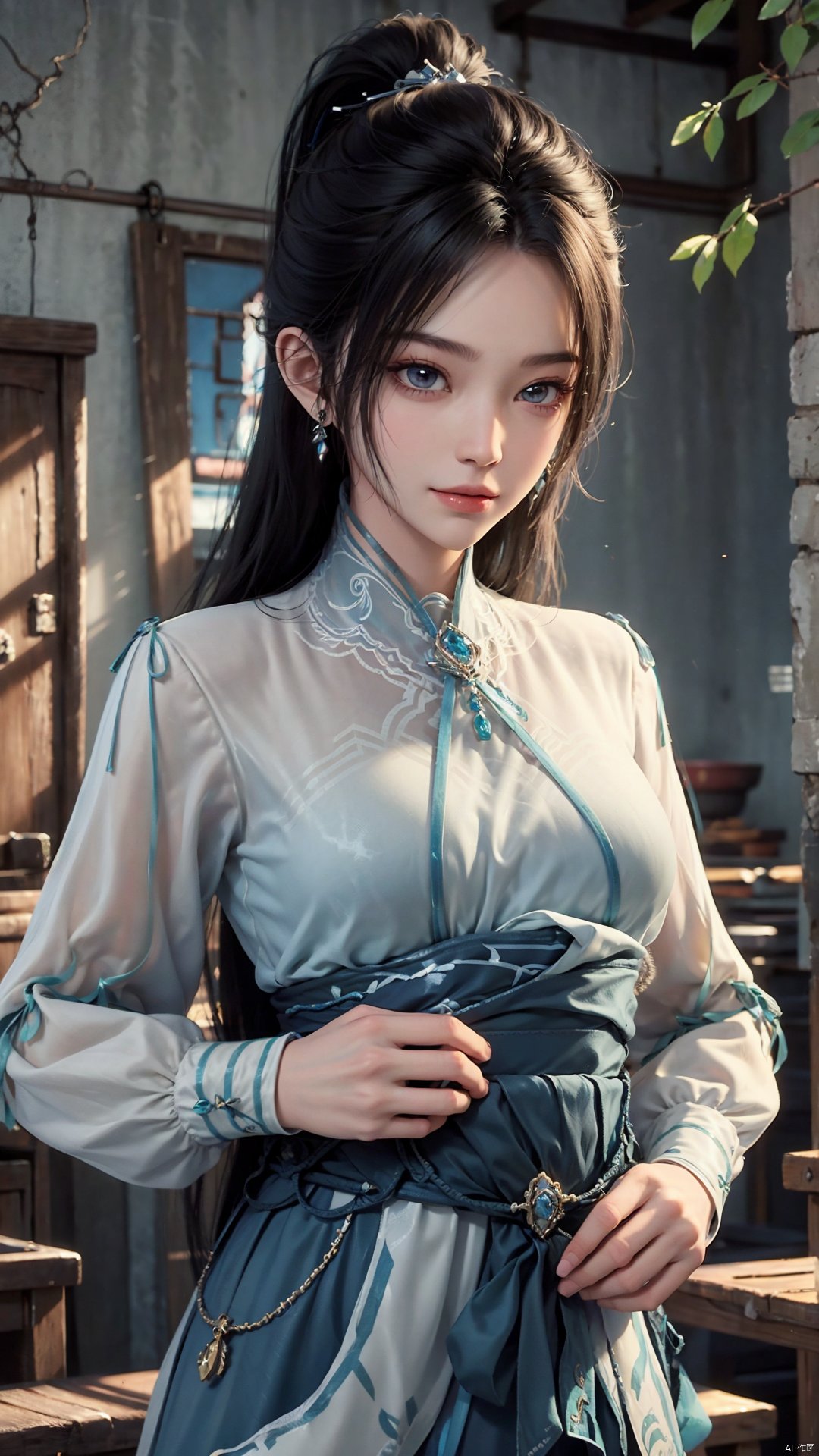 1girl, long hair, solo, earrings, dress, jewelry, ponytail, blue dress, chinese clothes, long sleeves, looking at viewer, mischevious smile, perfect body, scenery, sharp focus, best quality, masterpiece, detailed outfit, illustration, perfect eyes, finely detailed beautiful anime eyes, realistic skin, intricate details, best lighting, depth of field, ultra high resolution,cowboy_shot, dynamic pose, dynamic angle,