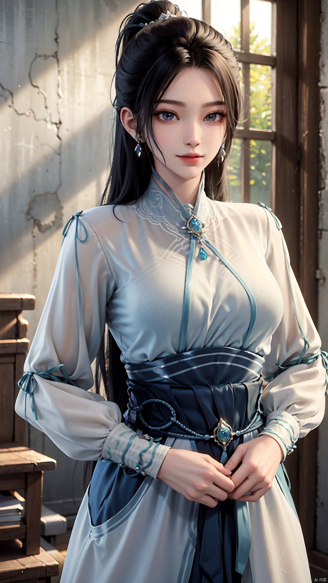 1girl, long hair, solo, earrings, dress, jewelry, ponytail, blue dress, chinese clothes, long sleeves, looking at viewer, mischevious smile, perfect body, scenery, sharp focus, best quality, masterpiece, detailed outfit, illustration, perfect eyes, finely detailed beautiful anime eyes, realistic skin, intricate details, best lighting, depth of field, ultra high resolution,cowboy_shot, dynamic pose, dynamic angle,