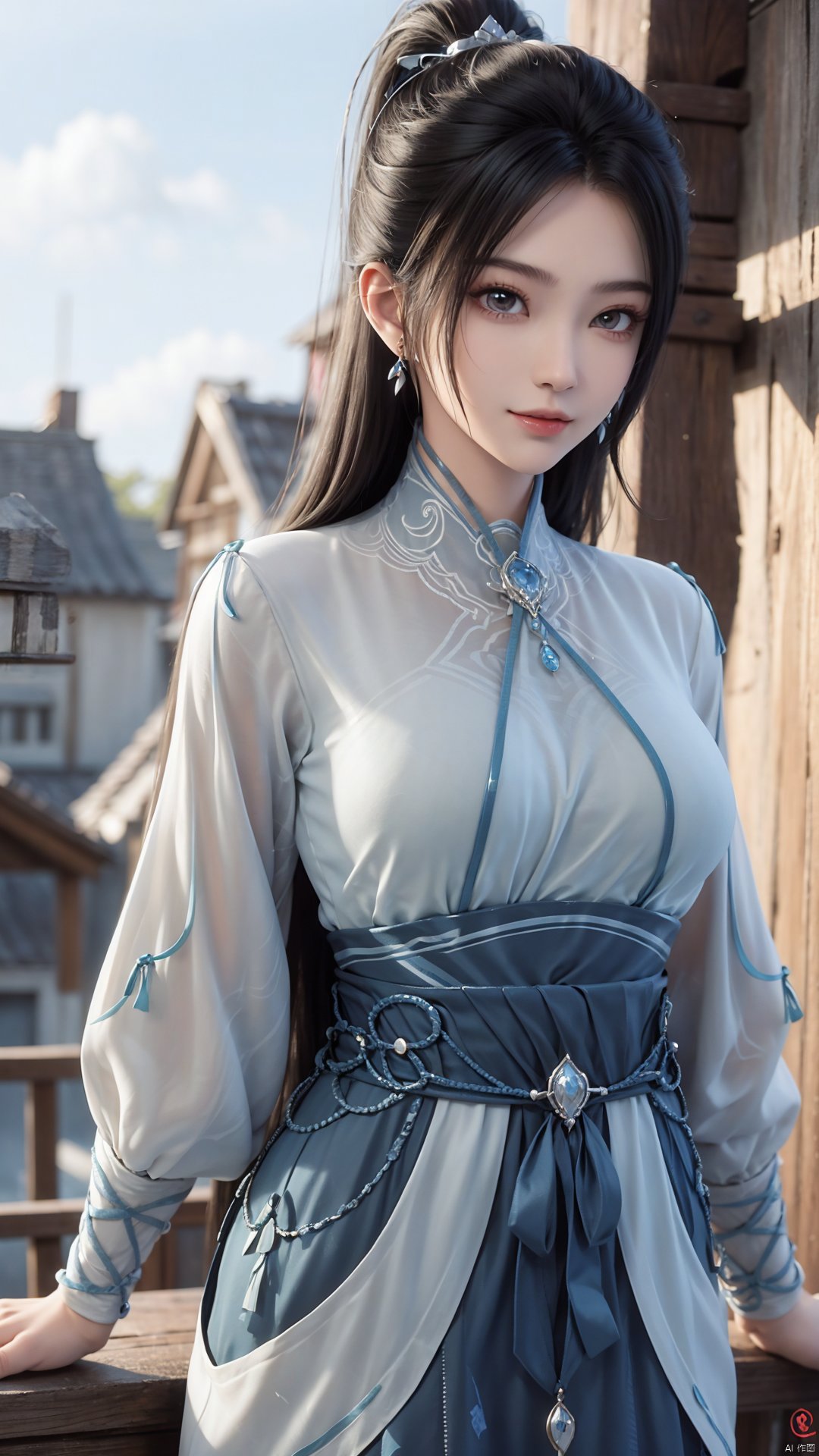 1girl, long hair, solo, earrings, dress, jewelry, ponytail, blue dress, chinese clothes, long sleeves, looking at viewer, mischevious smile, perfect body, scenery, sharp focus, best quality, masterpiece, detailed outfit, illustration, perfect eyes, finely detailed beautiful anime eyes, realistic skin, intricate details, best lighting, depth of field, ultra high resolution,cowboy_shot, dynamic pose, dynamic angle,