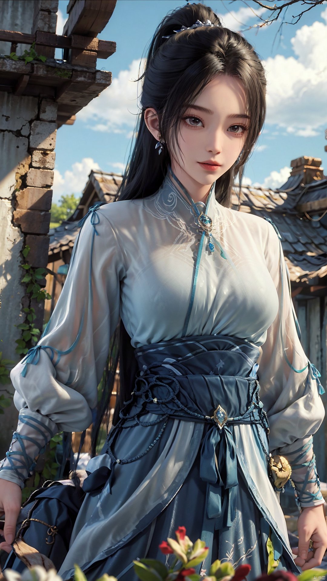 1girl, long hair, solo, earrings, dress, jewelry, ponytail, blue dress, chinese clothes, long sleeves, looking at viewer, mischevious smile, perfect body, scenery, sharp focus, best quality, masterpiece, detailed outfit, illustration, perfect eyes, finely detailed beautiful anime eyes, realistic skin, intricate details, best lighting, depth of field, ultra high resolution,cowboy_shot, dynamic pose, dynamic angle,