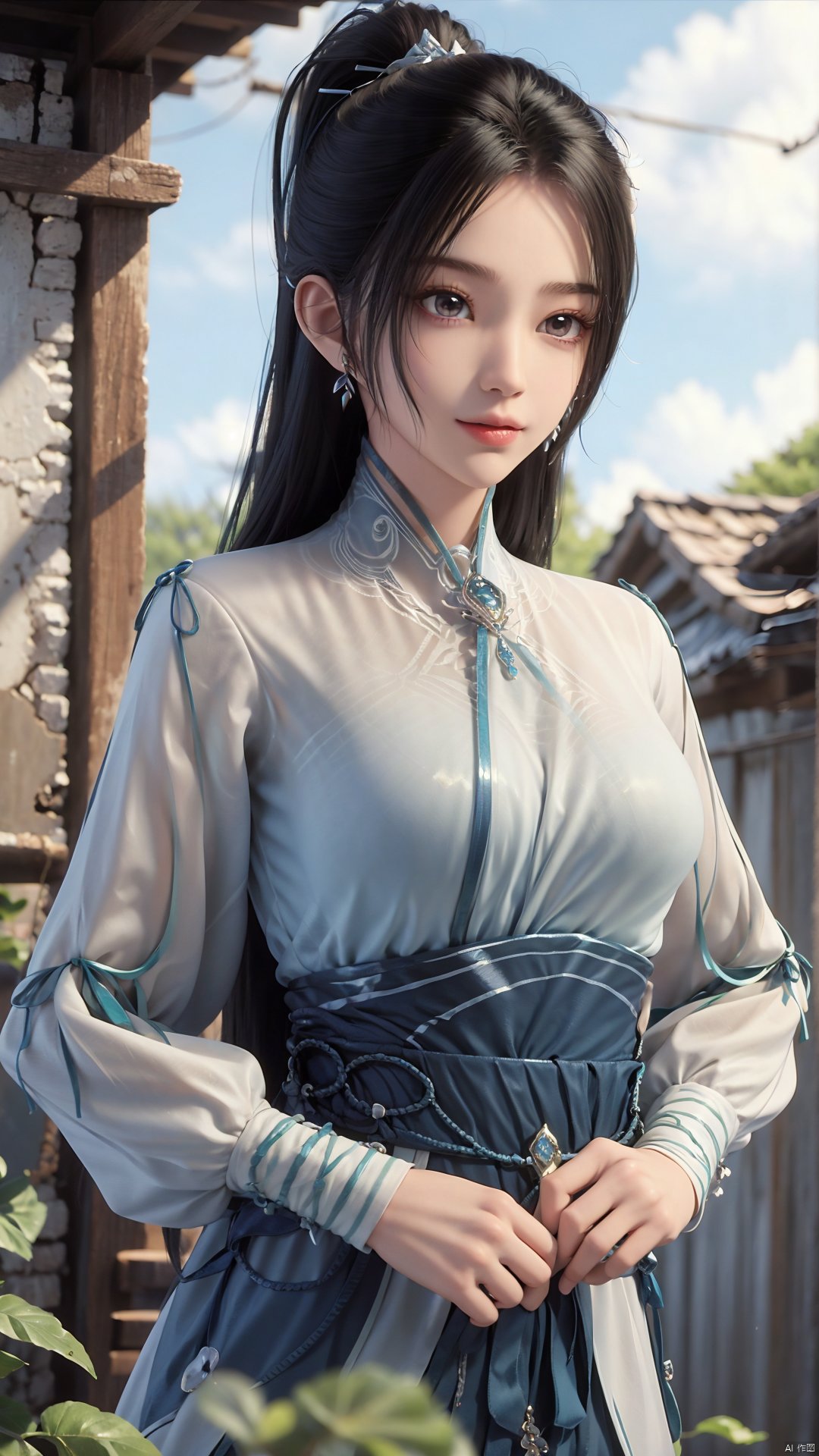 1girl, long hair, solo, earrings, dress, jewelry, ponytail, blue dress, chinese clothes, long sleeves, looking at viewer, mischevious smile, perfect body, scenery, sharp focus, best quality, masterpiece, detailed outfit, illustration, perfect eyes, finely detailed beautiful anime eyes, realistic skin, intricate details, best lighting, depth of field, ultra high resolution,cowboy_shot, dynamic pose, dynamic angle,