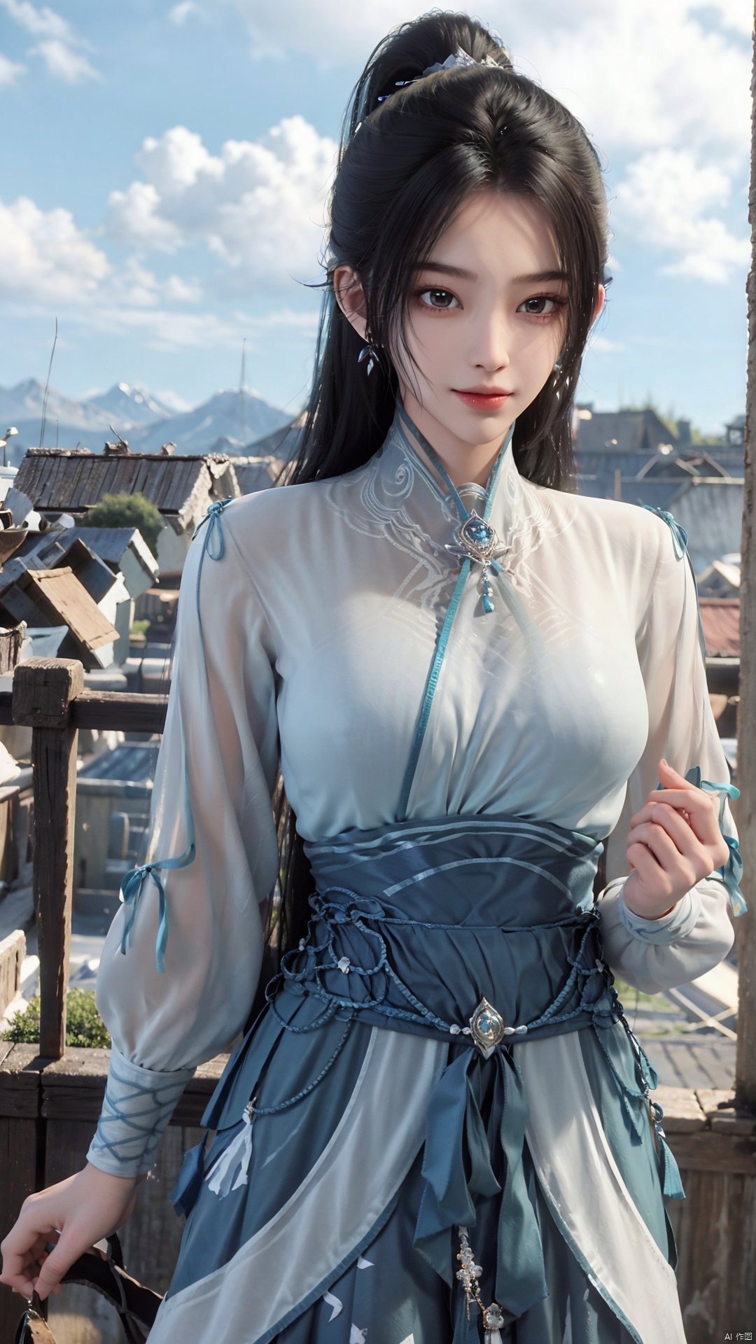 1girl, long hair, solo, earrings, dress, jewelry, ponytail, blue dress, chinese clothes, long sleeves, looking at viewer, mischevious smile, perfect body, scenery, sharp focus, best quality, masterpiece, detailed outfit, illustration, perfect eyes, finely detailed beautiful anime eyes, realistic skin, intricate details, best lighting, depth of field, ultra high resolution,cowboy_shot, dynamic pose, dynamic angle,