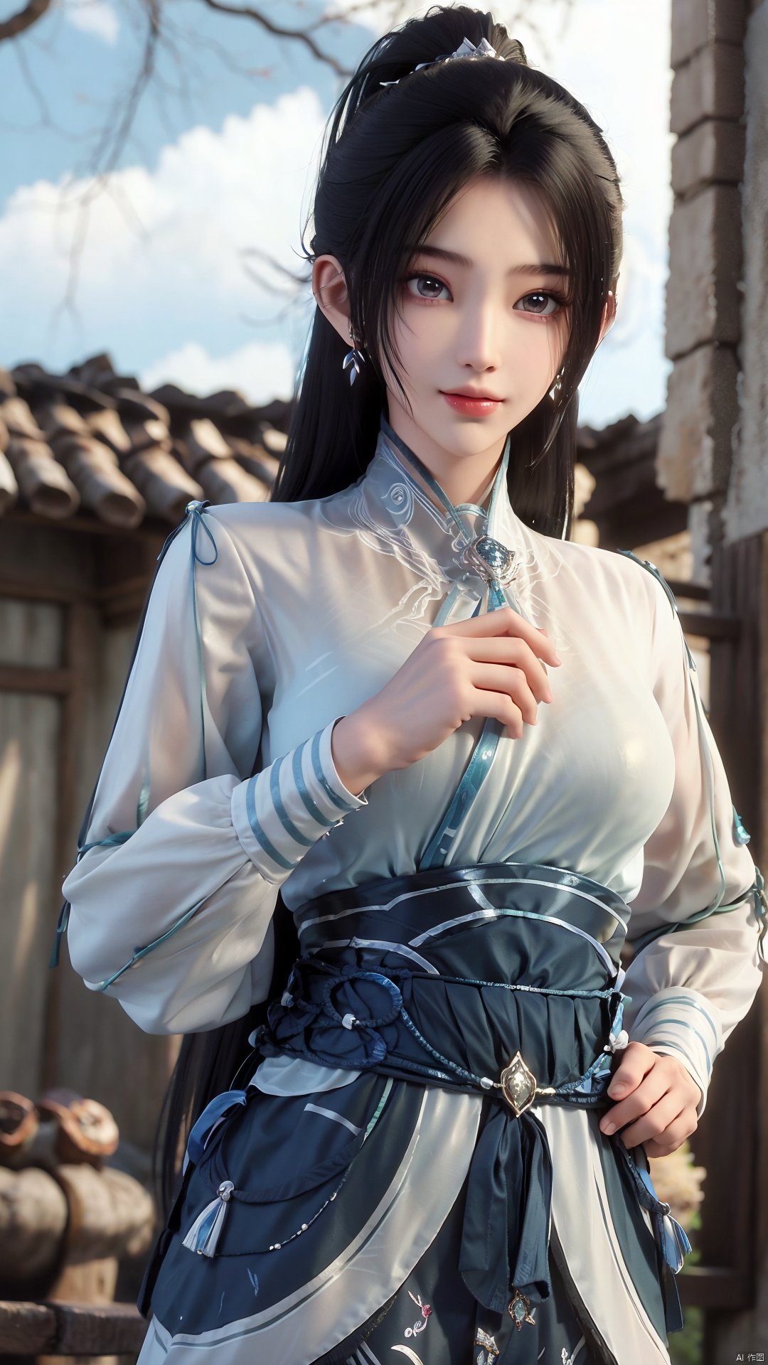 1girl, long hair, solo, earrings, dress, jewelry, ponytail, blue dress, chinese clothes, long sleeves, looking at viewer, mischevious smile, perfect body, scenery, sharp focus, best quality, masterpiece, detailed outfit, illustration, perfect eyes, finely detailed beautiful anime eyes, realistic skin, intricate details, best lighting, depth of field, ultra high resolution,cowboy_shot, dynamic pose, dynamic angle,