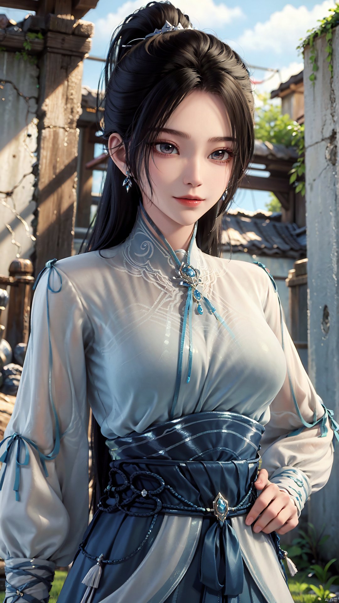 1girl, long hair, solo, earrings, dress, jewelry, ponytail, blue dress, chinese clothes, long sleeves, looking at viewer, mischevious smile, perfect body, scenery, sharp focus, best quality, masterpiece, detailed outfit, illustration, perfect eyes, finely detailed beautiful anime eyes, realistic skin, intricate details, best lighting, depth of field, ultra high resolution,cowboy_shot, dynamic pose, dynamic angle,