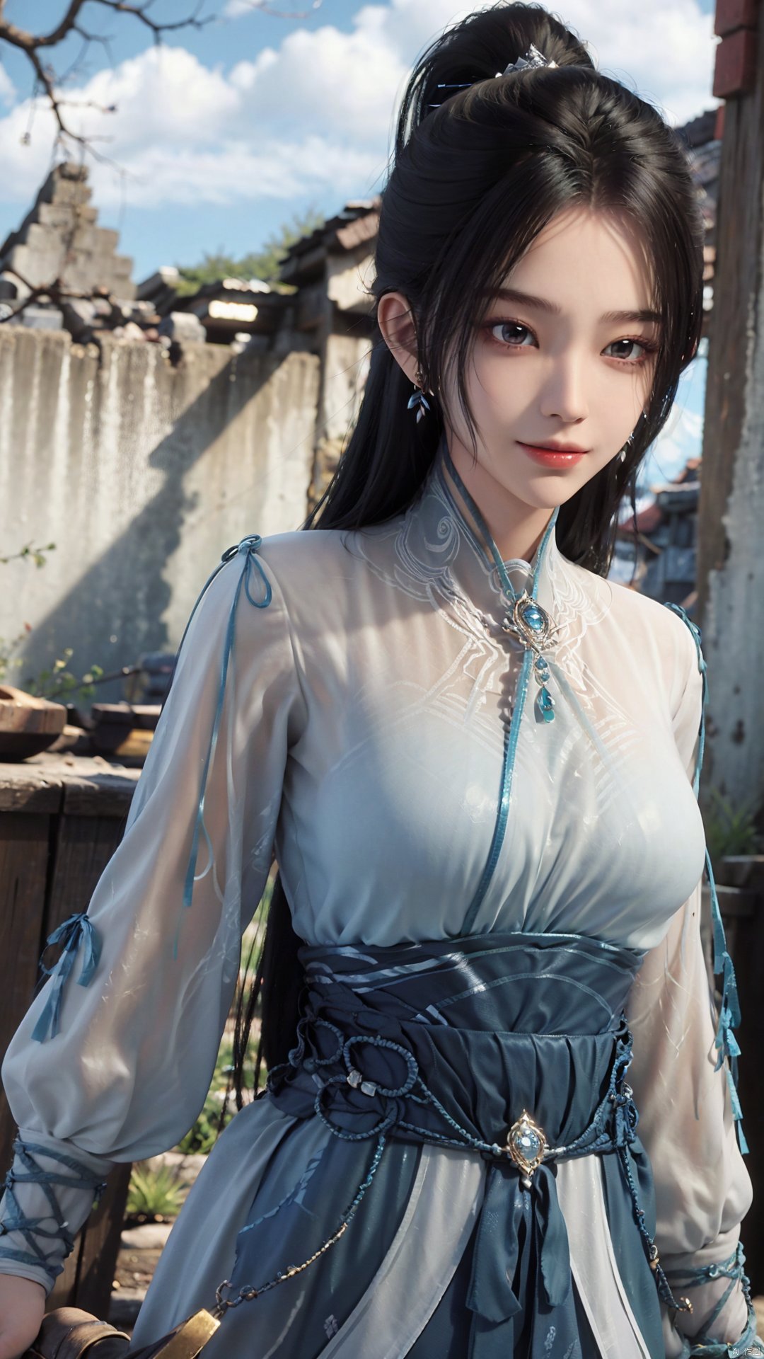 1girl, long hair, solo, earrings, dress, jewelry, ponytail, blue dress, chinese clothes, long sleeves, looking at viewer, mischevious smile, perfect body, scenery, sharp focus, best quality, masterpiece, detailed outfit, illustration, perfect eyes, finely detailed beautiful anime eyes, realistic skin, intricate details, best lighting, depth of field, ultra high resolution,cowboy_shot, dynamic pose, dynamic angle,