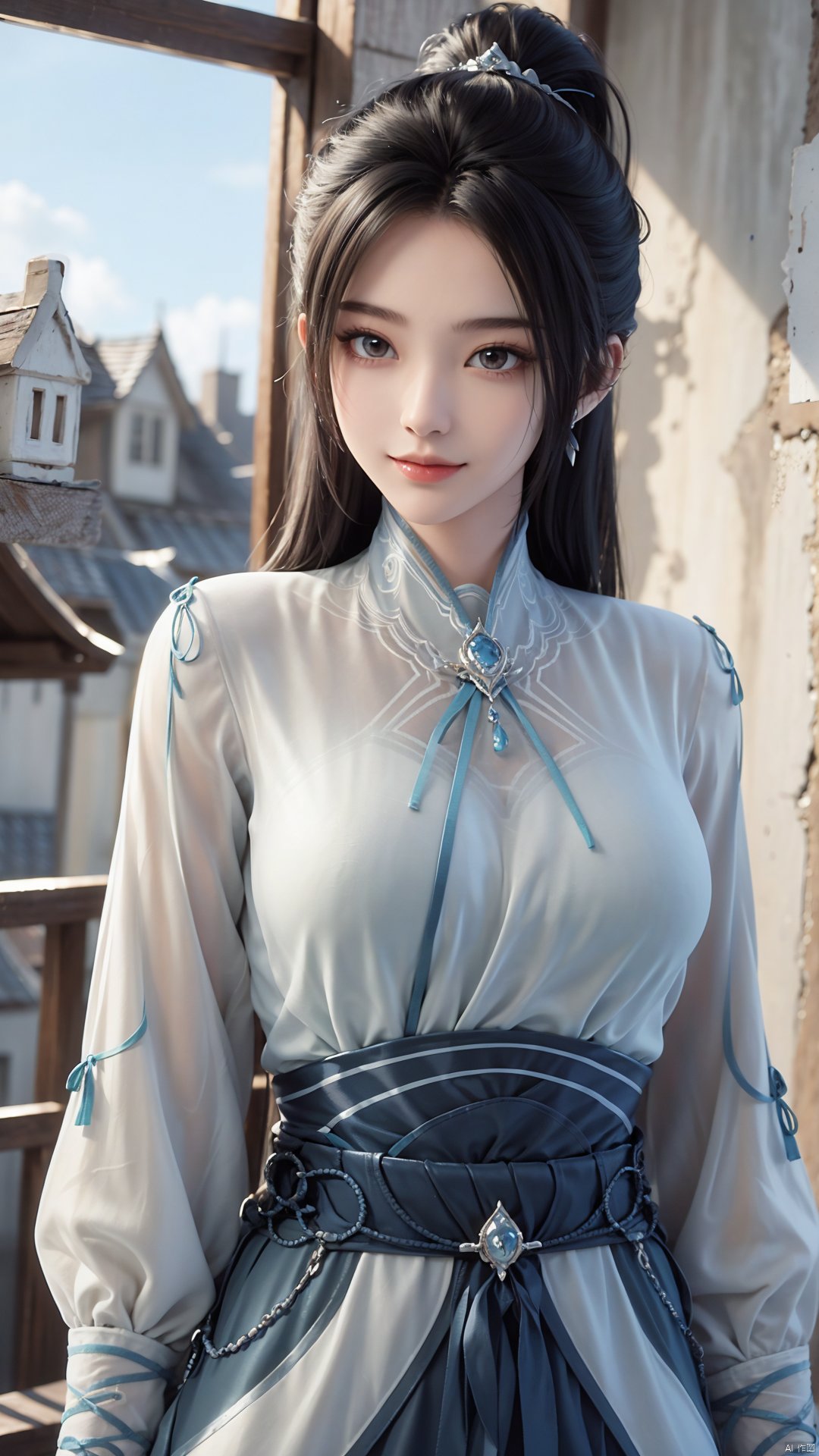 1girl, long hair, solo, earrings, dress, jewelry, ponytail, blue dress, chinese clothes, long sleeves, looking at viewer, mischevious smile, perfect body, scenery, sharp focus, best quality, masterpiece, detailed outfit, illustration, perfect eyes, finely detailed beautiful anime eyes, realistic skin, intricate details, best lighting, depth of field, ultra high resolution,cowboy_shot, dynamic pose, dynamic angle,