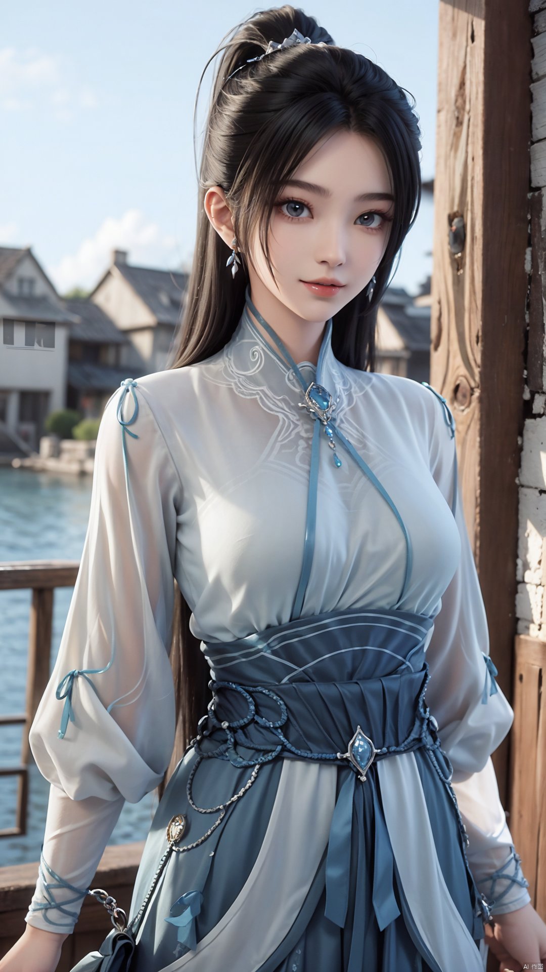 1girl, long hair, solo, earrings, dress, jewelry, ponytail, blue dress, chinese clothes, long sleeves, looking at viewer, mischevious smile, perfect body, scenery, sharp focus, best quality, masterpiece, detailed outfit, illustration, perfect eyes, finely detailed beautiful anime eyes, realistic skin, intricate details, best lighting, depth of field, ultra high resolution,cowboy_shot, dynamic pose, dynamic angle,