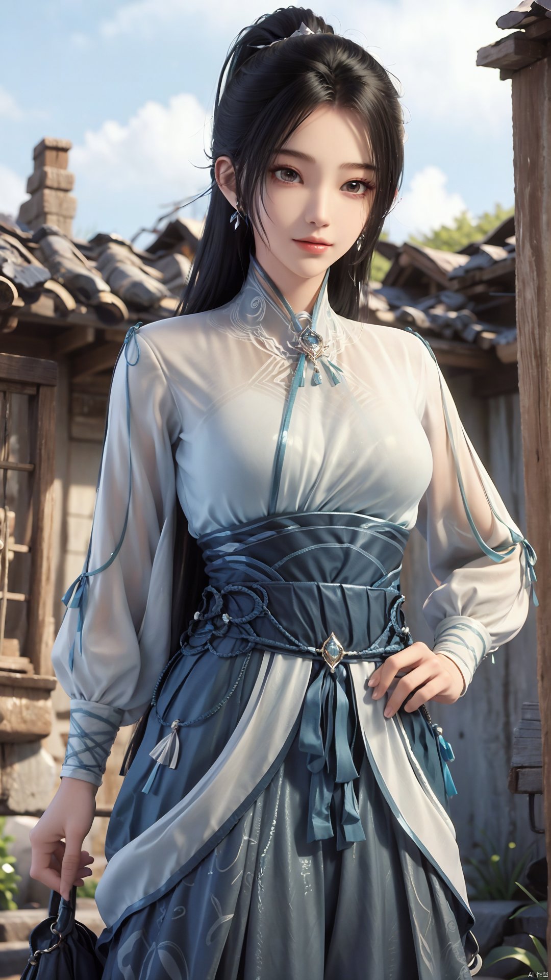 1girl, long hair, solo, earrings, dress, jewelry, ponytail, blue dress, chinese clothes, long sleeves, looking at viewer, mischevious smile, perfect body, scenery, sharp focus, best quality, masterpiece, detailed outfit, illustration, perfect eyes, finely detailed beautiful anime eyes, realistic skin, intricate details, best lighting, depth of field, ultra high resolution,cowboy_shot, dynamic pose, dynamic angle,