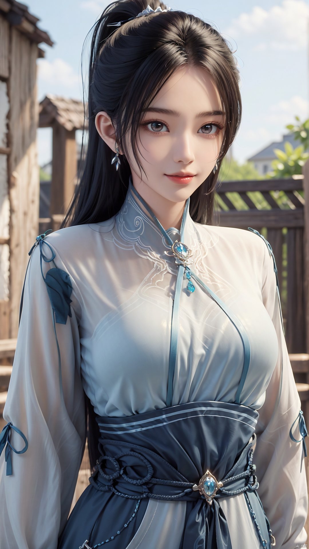 1girl, long hair, solo, earrings, dress, jewelry, ponytail, blue dress, chinese clothes, long sleeves, looking at viewer, mischevious smile, perfect body, scenery, sharp focus, best quality, masterpiece, detailed outfit, illustration, perfect eyes, finely detailed beautiful anime eyes, realistic skin, intricate details, best lighting, depth of field, ultra high resolution,cowboy_shot, dynamic pose, dynamic angle,