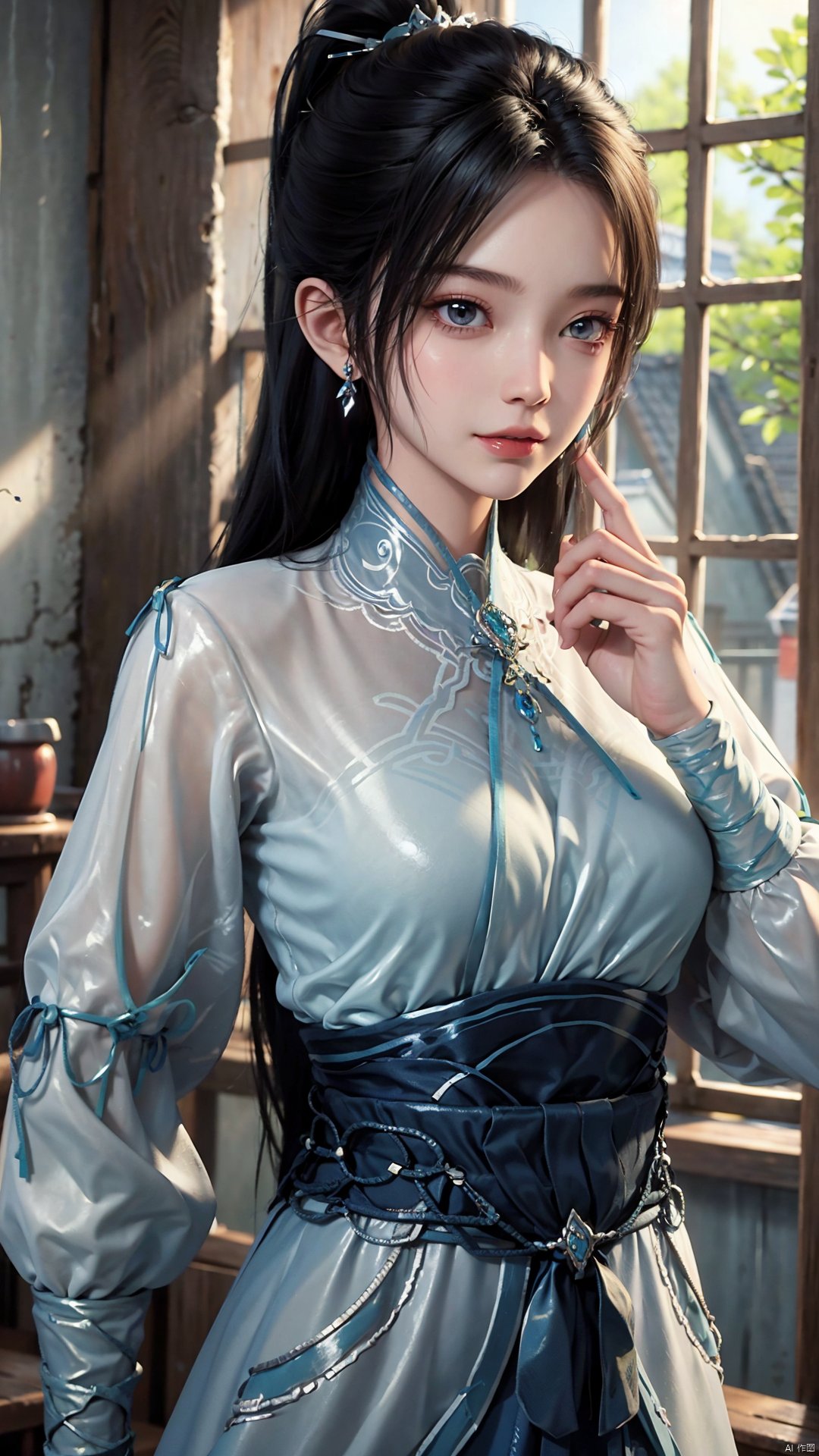 1girl, long hair, solo, earrings, dress, jewelry, ponytail, blue dress, chinese clothes, long sleeves, looking at viewer, mischevious smile, perfect body, scenery, sharp focus, best quality, masterpiece, detailed outfit, illustration, perfect eyes, finely detailed beautiful anime eyes, realistic skin, intricate details, best lighting, depth of field, ultra high resolution,cowboy_shot, dynamic pose, dynamic angle,