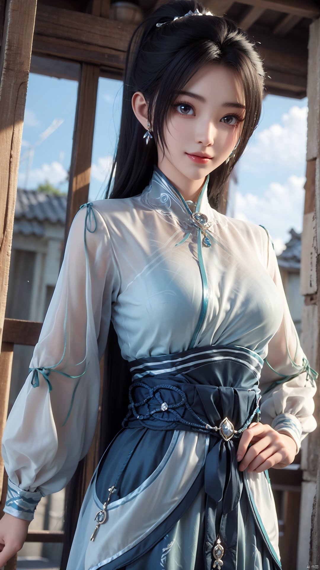 1girl, long hair, solo, earrings, dress, jewelry, ponytail, blue dress, chinese clothes, long sleeves, looking at viewer, mischevious smile, perfect body, scenery, sharp focus, best quality, masterpiece, detailed outfit, illustration, perfect eyes, finely detailed beautiful anime eyes, realistic skin, intricate details, best lighting, depth of field, ultra high resolution,cowboy_shot, dynamic pose, dynamic angle,