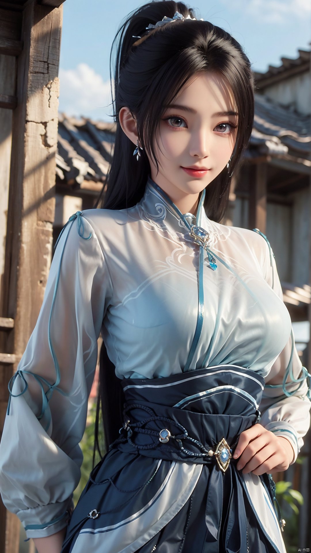 1girl, long hair, solo, earrings, dress, jewelry, ponytail, blue dress, chinese clothes, long sleeves, looking at viewer, mischevious smile, perfect body, scenery, sharp focus, best quality, masterpiece, detailed outfit, illustration, perfect eyes, finely detailed beautiful anime eyes, realistic skin, intricate details, best lighting, depth of field, ultra high resolution,cowboy_shot, dynamic pose, dynamic angle,