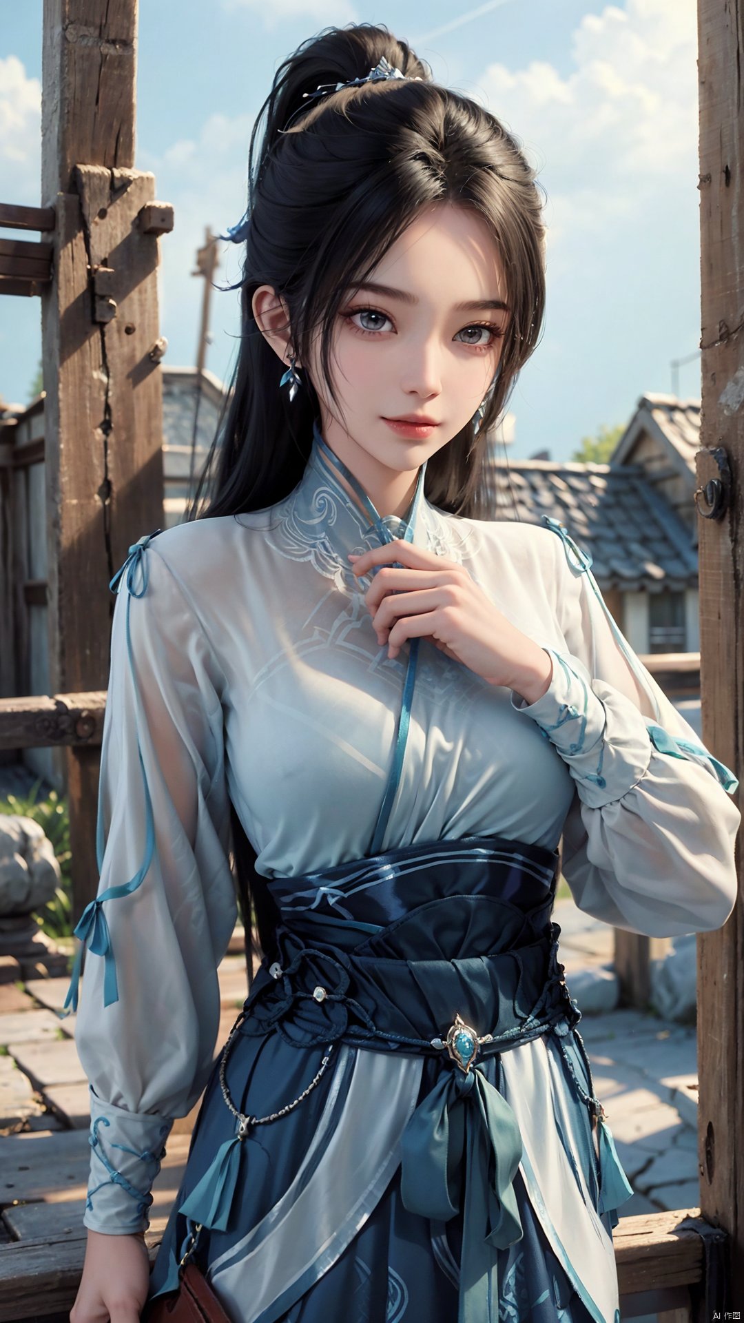 1girl, long hair, solo, earrings, dress, jewelry, ponytail, blue dress, chinese clothes, long sleeves, looking at viewer, mischevious smile, perfect body, scenery, sharp focus, best quality, masterpiece, detailed outfit, illustration, perfect eyes, finely detailed beautiful anime eyes, realistic skin, intricate details, best lighting, depth of field, ultra high resolution,cowboy_shot, dynamic pose, dynamic angle,