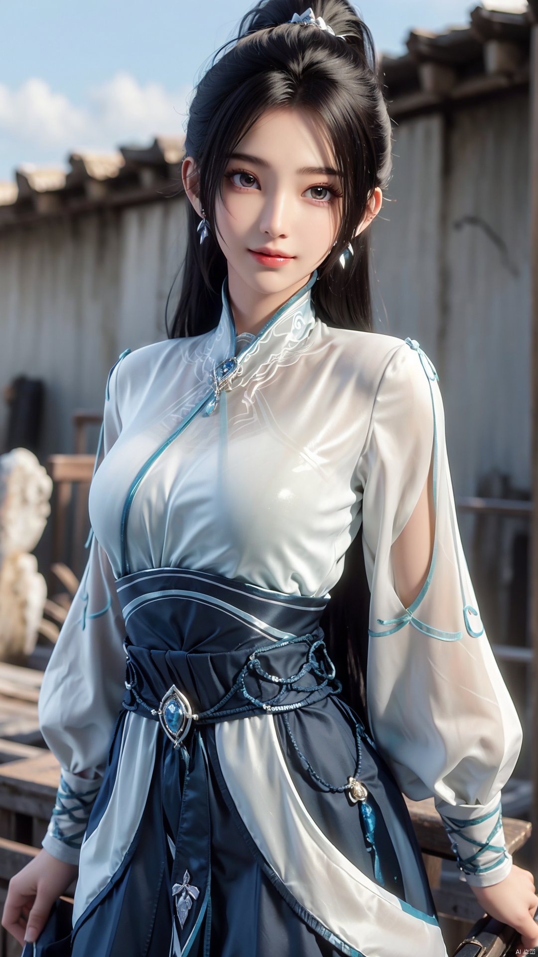 1girl, long hair, solo, earrings, dress, jewelry, ponytail, blue dress, chinese clothes, long sleeves, looking at viewer, mischevious smile, perfect body, scenery, sharp focus, best quality, masterpiece, detailed outfit, illustration, perfect eyes, finely detailed beautiful anime eyes, realistic skin, intricate details, best lighting, depth of field, ultra high resolution,cowboy_shot, dynamic pose, dynamic angle,