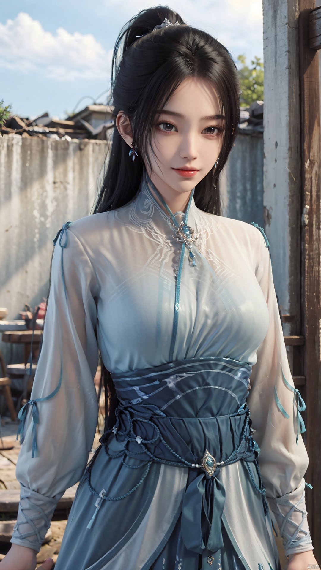 1girl, long hair, solo, earrings, dress, jewelry, ponytail, blue dress, chinese clothes, long sleeves, looking at viewer, mischevious smile, perfect body, scenery, sharp focus, best quality, masterpiece, detailed outfit, illustration, perfect eyes, finely detailed beautiful anime eyes, realistic skin, intricate details, best lighting, depth of field, ultra high resolution,cowboy_shot, dynamic pose, dynamic angle,