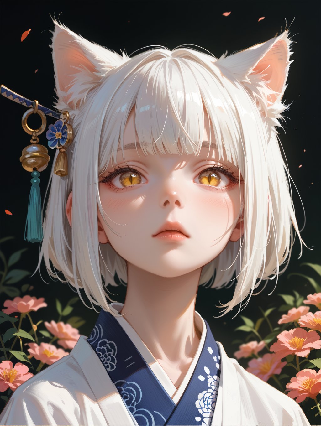 score_9, score_8_up, score_7_up, 
Japanese art style,1girl, solo, catgirl, cat ears, white hair, bangs pinned up, golden eyes, vertical pupils, pale skin, ð