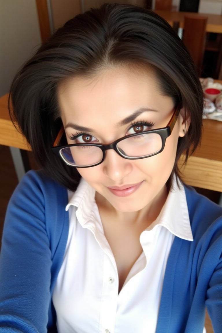 A photo of the beautiful wom4r14oz4 , sitting in a cafe. She has short, sandy black hair and is wearing a white shirt and a blue cardigan. She has minimal makeup and is wearing glasses. The background contains a few cafe objects. The photo has a selfie style and is in photorealism.