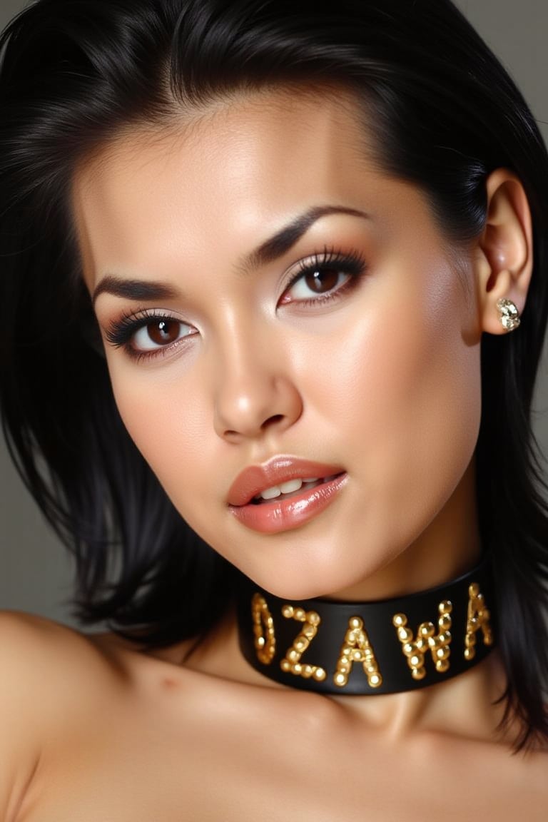 A stunning portrait of woM4r14oz4 with black slicked back hair, wet hair, she has perfect beautiful skin she is looking directly at the camera with parted lips, her lips has gloss lipstick giving a wet feel. She is wearing chic golden earrings and a black choker with golden lettering that can read  "OZAWA". The background is black that matches with the choker making an amazing composition. The image is very high detailed with 16k of resolution.