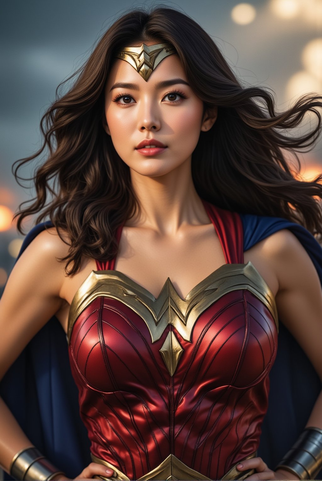 Depict a powerful close-up of Wonder Woman, her fierce yet compassionate expression framed by her iconic golden tiara. Her piercing blue eyes shine with determination, while her perfectly sculpted features exude strength and grace. The metallic sheen of her golden armor catches the light, highlighting the intricate detailing on her breastplate and the bold red and blue colors of her outfit. Her flowing dark hair billows slightly in the wind, adding to the sense of motion and energy. Behind her, a backdrop of stormy skies and distant battle scenes hints at the intensity of the moment, yet her unwavering gaze conveys a sense of hope and unshakable resolve.
BREAK
detailed exquisite face,soft shiny skin,realistic,detailed,sharp focus,high contrast,rule of thirds,depth of perspective,award-winning photo,chiaroscuro lighting,ek_g1rl_02