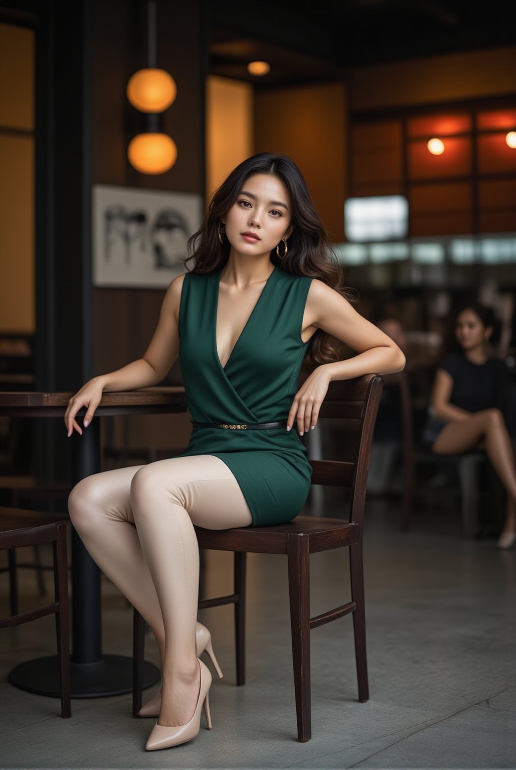 A stylish female fashion model sitting confidently on a chair, detailed exquisite face,wearing a sleek green top, cream leggings, and high heels. She strikes an elegant, bold pose with one leg slightly extended, showcasing her modern, sophisticated fashion and poise.
BREAK
detailed exquisite face,soft shiny skin,realistic,detailed,sharp focus,high contrast,rule of thirds,depth of perspective,award-winning photo,chiaroscuro lighting,ek_g1rl_02,ek_art_b00ster