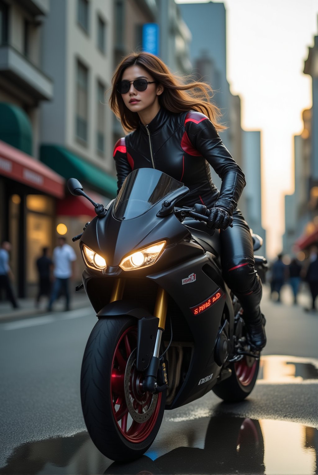 a cyborg girl in mecha armor. Black and red colored armor. neon light lines glowing, exquisite face, soft shiny skin, longhair blowing, sunglasses. riding a motor cycle, kawasaki ninja h2 carbon at high speed,city street backdrop,puddles,focused expression,dark
BREAK
realistic,detailed,sharp focus,high contrast,rule of thirds,depth of perspective,award-winning photo,chiaroscuro lighting,ek_g1rl_02