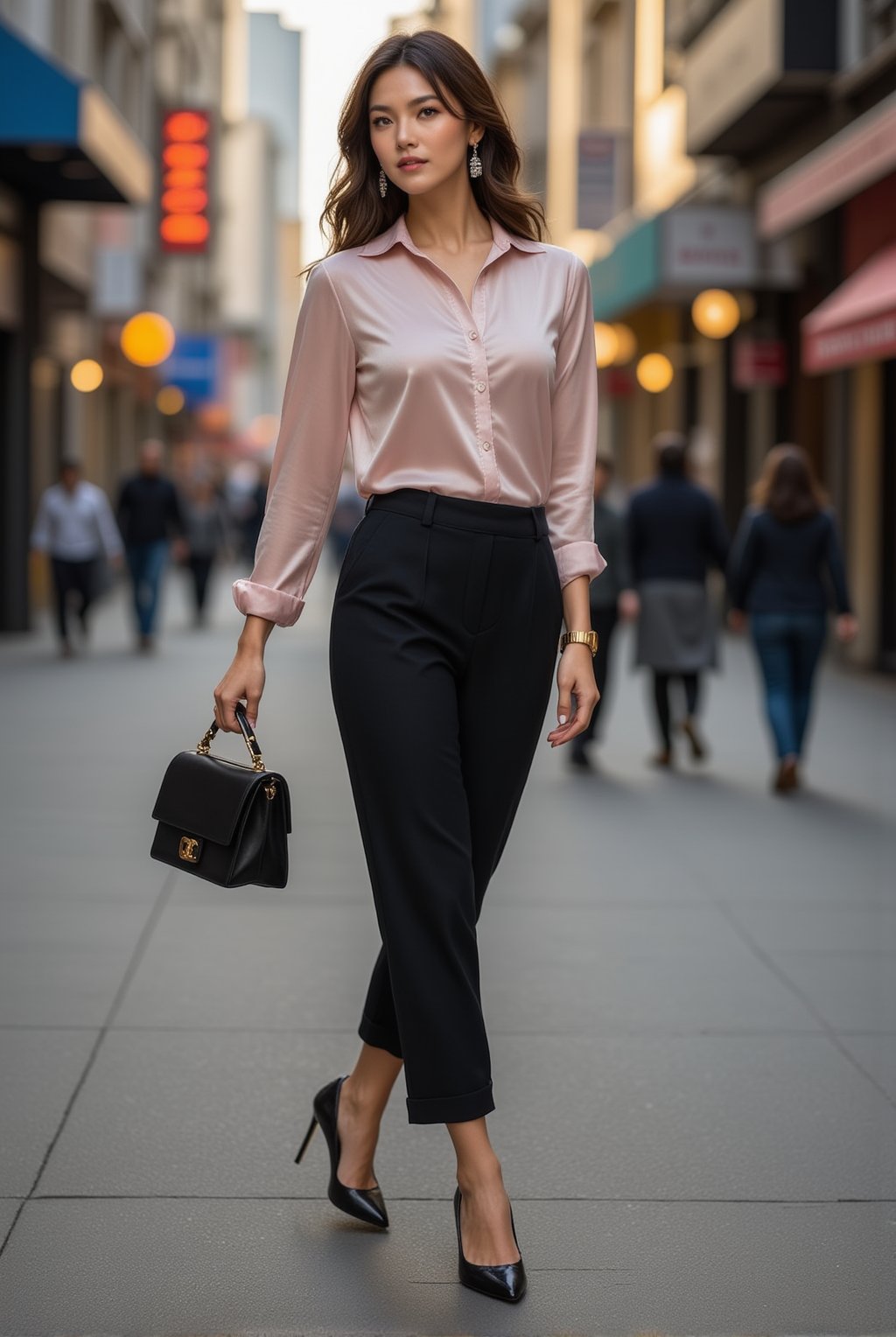 A 20-year-old elegant and sophisticated city woman is wearing a luxury silk blouse and high-waisted pants. The pastel-toned blouse features metallic details, and the pants fall neatly just above the ankles. She pairs black stiletto heels with a designer mini bag, accessorized with diamond earrings of chanel logo and a slim gold watch. Her look is completed with natural wavy hair and neutral-toned makeup, exuding refined city style
BREAK
detailed exquisite face,soft shiny skin,realistic,detailed,sharp focus,high contrast,rule of thirds,depth of perspective,award-winning photo,chiaroscuro lighting,ek_g1rl_02