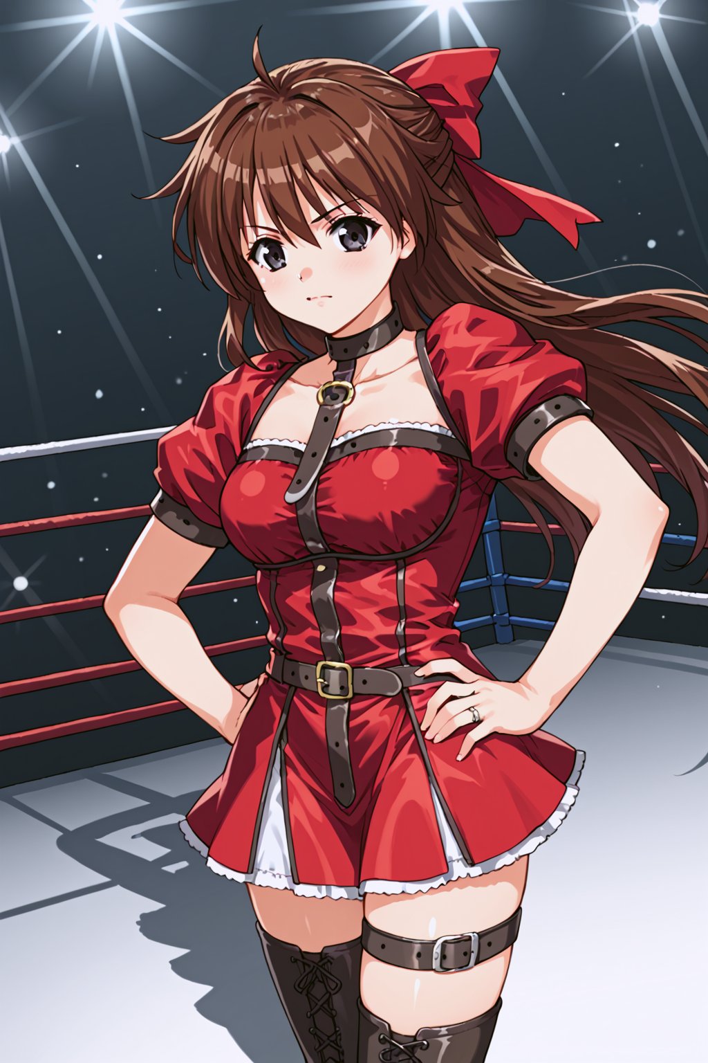 score_9, score_8_up, score_7_up, source_anime,
,//characters, 1girl, solo, mutoumegumi, hair bow, half updo, black eyes
dress, short sleeves, choker, belt, puffy sleeves, red dress, thighhighs, boots, zettai ryouiki
,//situations, wrestling ring
,//pose, 
cowboy shot, dutch angle, arms forward, dynamic angle, from above, stylish pose, One hand on hip
,/LoRA, perfect anatomy, beautiful_female_fingers, (correct number of fingers), Anatomically correct hands, (5_fingers), (perfect hands), perfecteyes