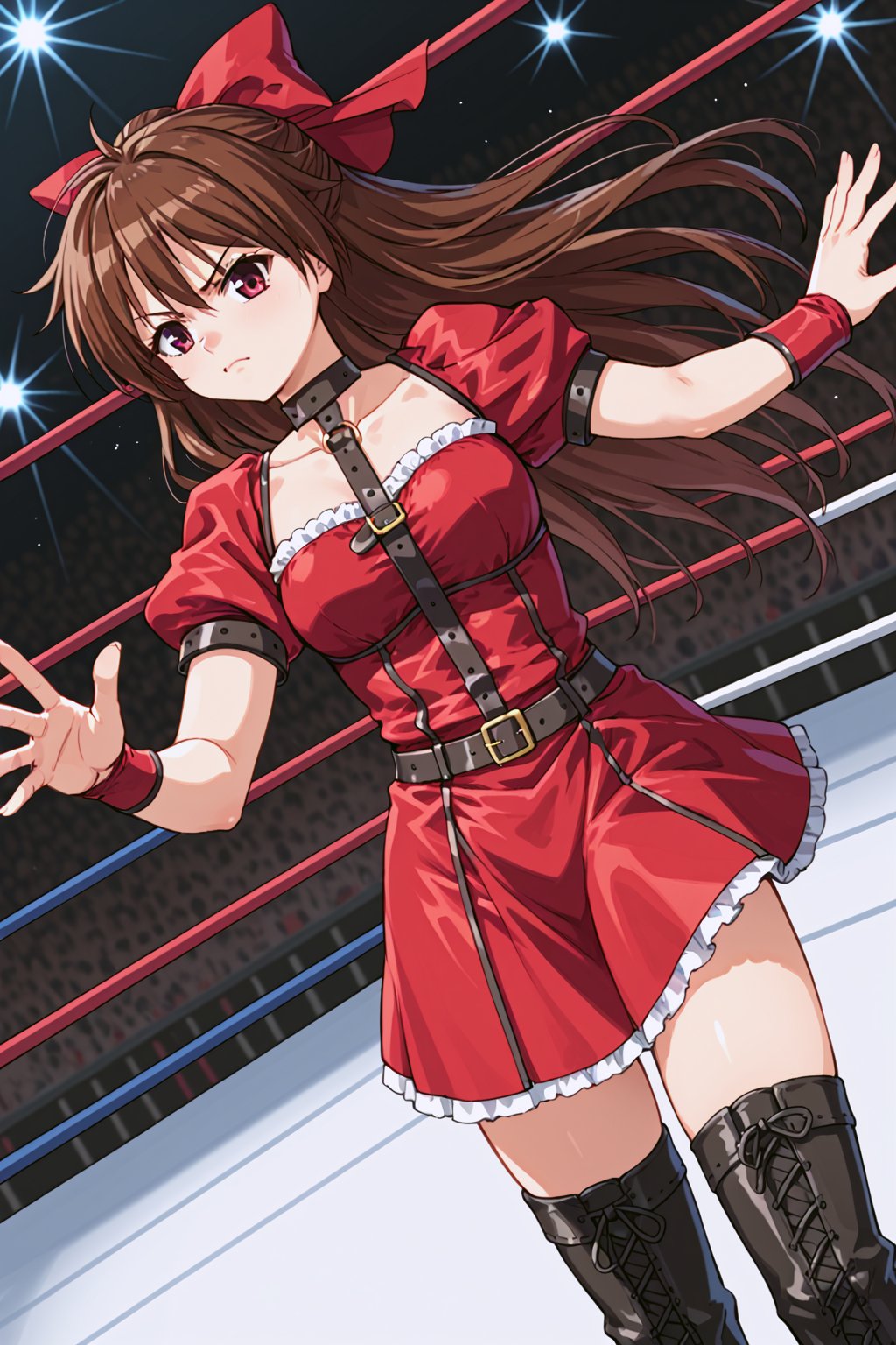 score_9, score_8_up, score_7_up, source_anime,
,//characters, 1girl, solo, mutoumegumi, hair bow, half updo,
dress, short sleeves, choker, belt, puffy sleeves, red dress, thighhighs, boots, zettai ryouiki
,//situations, wrestling ring
,//pose, 
cowboy shot, dutch angle, Serious face, arms forward, dynamic angle, from above
/LoRA, perfect anatomy, beautiful_female_fingers, (correct number of fingers), (4_fingers and 1thumb on hand), (perfect hands),perfecteyes,