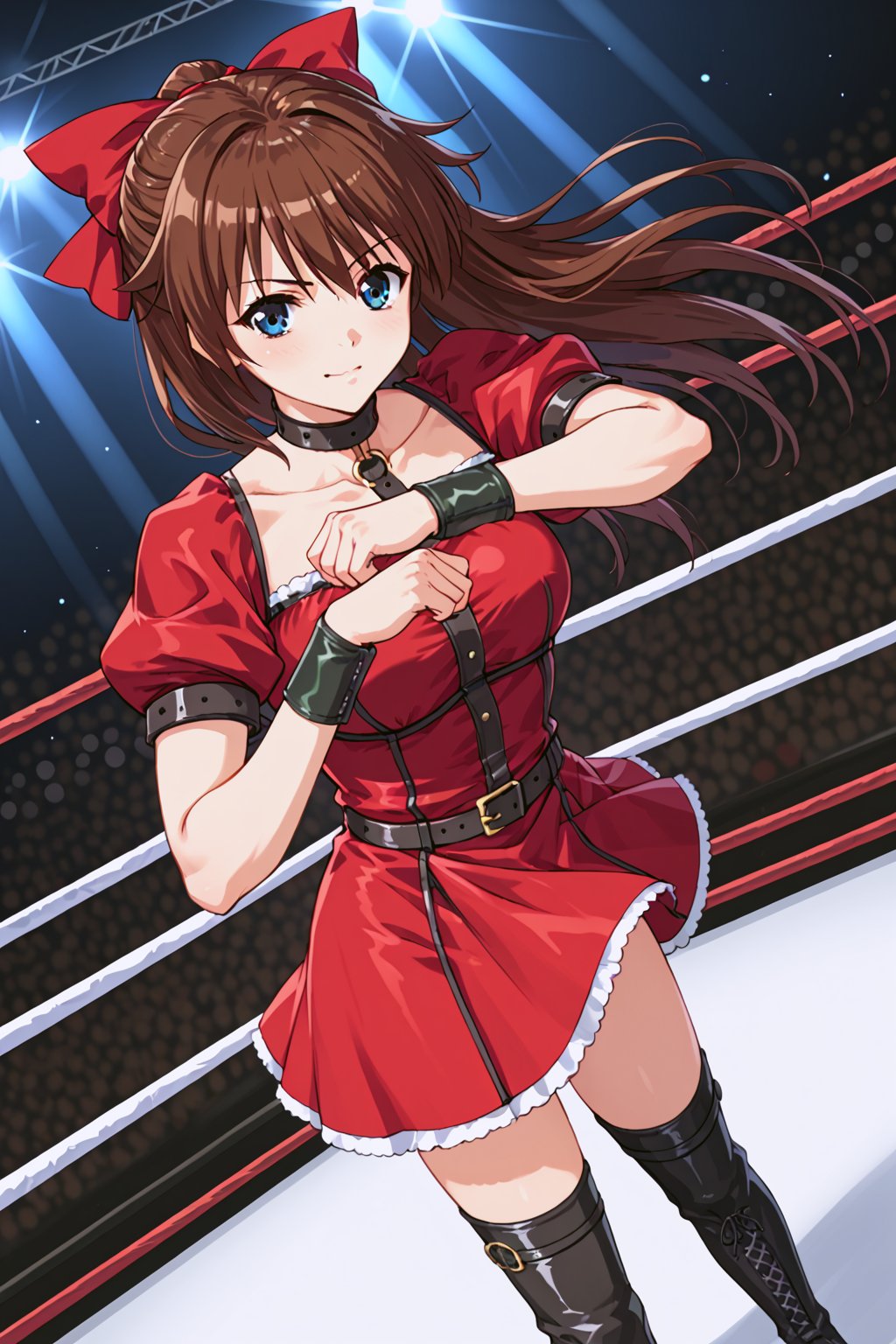 score_9, score_8_up, score_7_up, source_anime,
,//characters, 1girl, solo, mutoumegumi, hair bow, half updo,
dress, short sleeves, choker, belt, puffy sleeves, red dress, thighhighs, boots, zettai ryouiki
,//situations, wrestling ring
,//pose, 
cowboy shot, dutch angle, arms forward, dynamic angle, from above, stylish pose
,/LoRA, perfect anatomy, beautiful_female_fingers, (correct number of fingers), Anatomically correct hands, (5_fingers), (perfect hands), perfecteyes