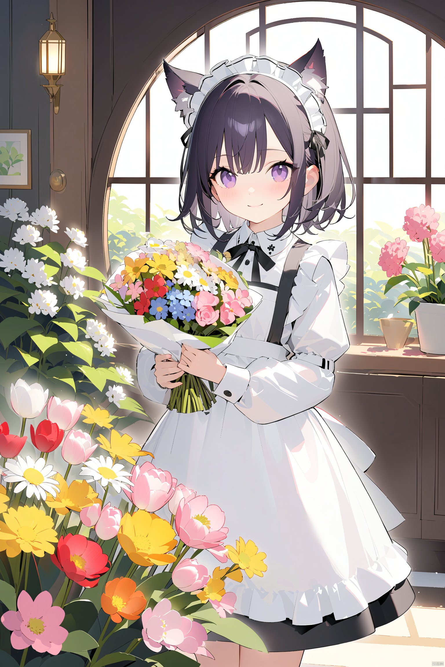 1girl, animal_ear_fluff, animal_ears, apron, bangs, black_flower, black_hair, blue_flower, blush, bouquet, cat_ears, closed_mouth, daisy, door, eyebrows_visible_through_hair, flower, flower_field, hand_on_own_chest, hand_up, holding_bouquet, holding_flower, hydrangea, indoors, juliet_sleeves, lily_\(flower\), long_sleeves, maid, maid_headdress, orange_flower, pink_flower, plant, potted_plant, puffy_sleeves, purple_eyes, purple_flower, red_flower, rose, round_window, shirt, smile, solo, standing, tulip, vase, white_apron, white_flower, white_rose, white_shirt, window, yellow_flower