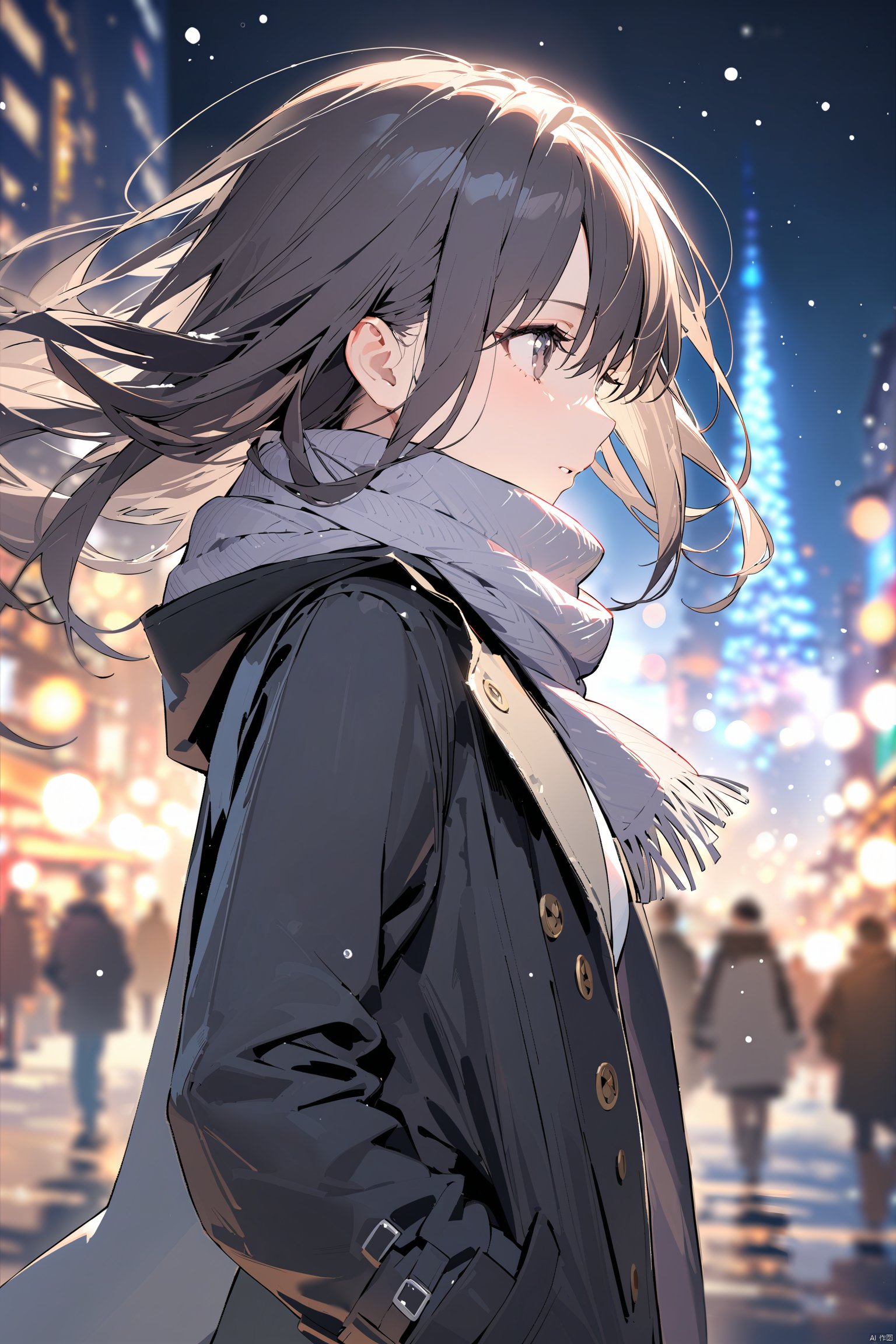 (masterpiece),(best quality),1girl, black_coat, black_hair, blurry, blurry_background, blurry_foreground, bokeh, city_lights, coat, depth_of_field, from_side, jacket, lens_flare, long_hair, long_sleeves, looking_away, motion_blur, outdoors, scarf, snow, snowing, solo, upper_body