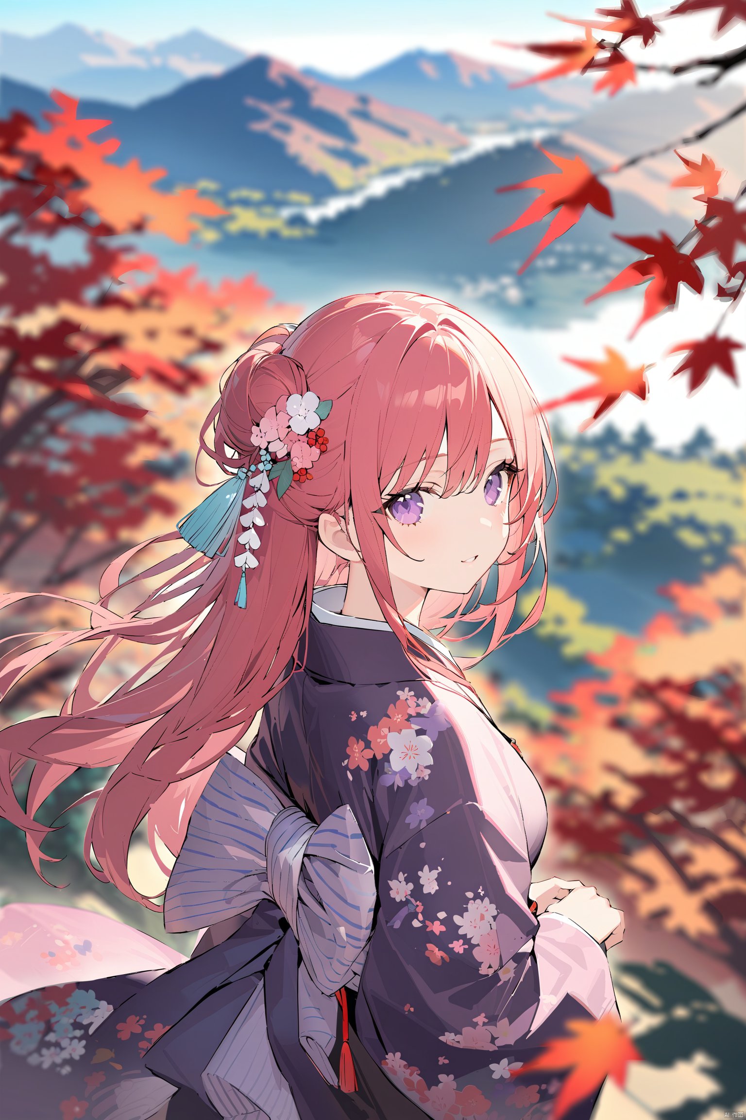 1girl,red hair,purple eyes,furisode,blurry,blurry_foreground,blurry_leaf,landscape,from_above,cowboy_shot,long hair