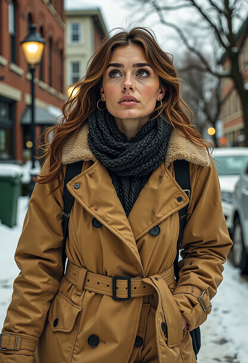 f4nt4st1c A beautiful woman , wearing a large coat, trudges through the snow-covered streets of Toronto, looking both frustrated and determined as she heads toward her next adventure 
 
 
 