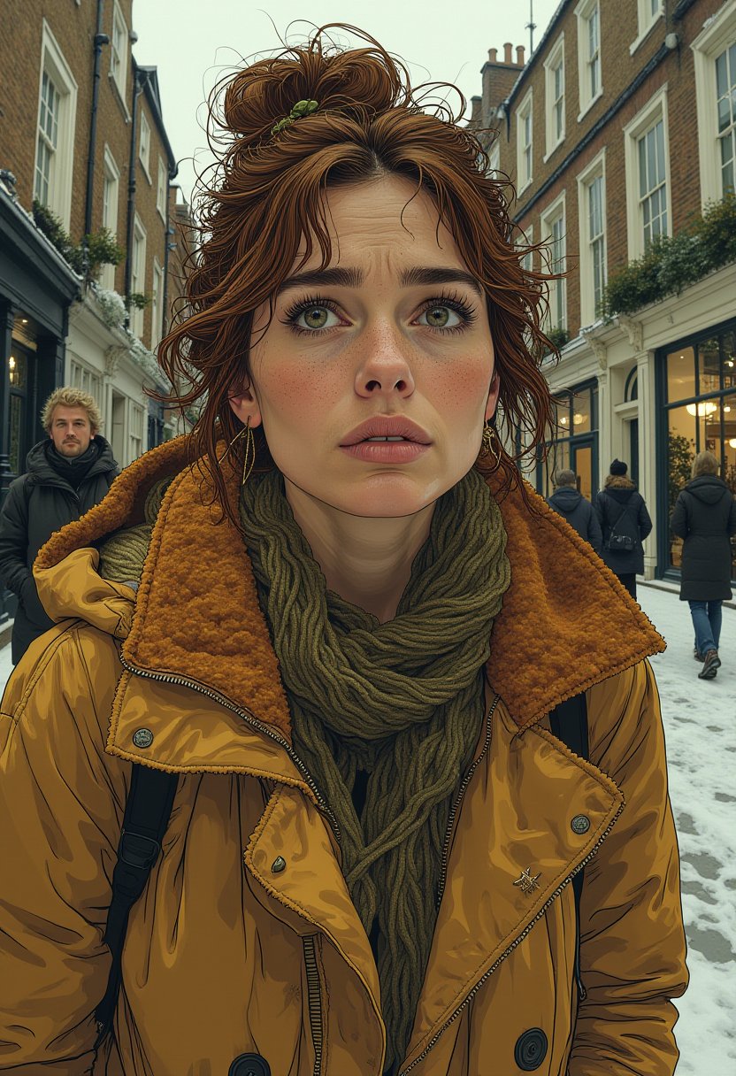 f4nt4st1c  A beautiful woman , wearing  a large coat, trudges through the snow-covered streets of London, looking both frustrated and determined as she heads toward her next adventure
 
 