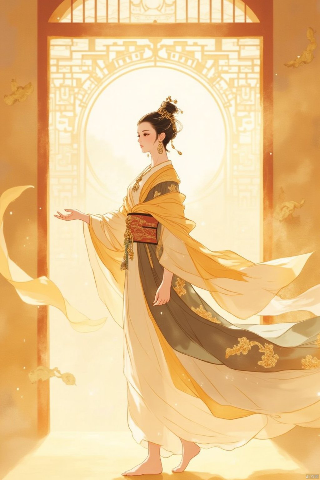 1girl, solo, short hair, black hair, hair ornament, long sleeves, dress, jewelry, closed mouth, standing, full body, earrings, barefoot, indoors, sash, profile, chinese clothes, shawl, hagoromo, hanfu