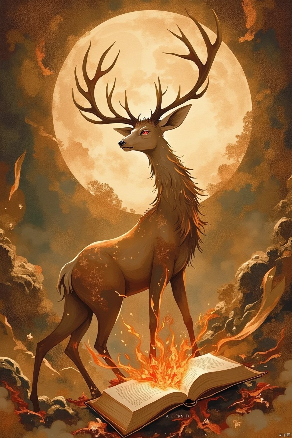 solo, red eyes, from side, book, no humans, antlers, deer