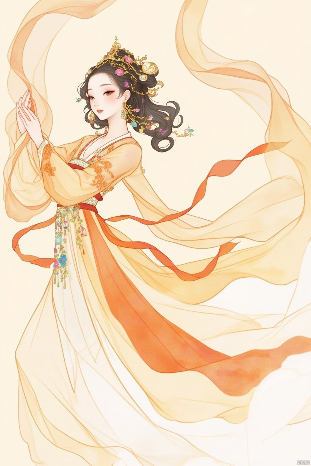 1girl, solo, long hair, black hair, hair ornament, long sleeves, dress, ribbon, holding, jewelry, braid, flower, earrings, hair flower, floating hair, chinese clothes, tassel, hair rings, beads, shawl, dancing, hanfu,chinese clothe,起风了敦煌