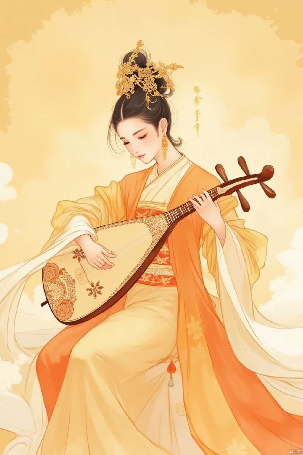 1girl, solo, black hair, hair ornament, long sleeves, dress, holding, jewelry, sitting, full body, closed eyes, earrings, chinese clothes, instrument, shawl, music, playing instrument, holding instrument, hanfu, lute \(instrument\),chinese clothe,起风了敦煌