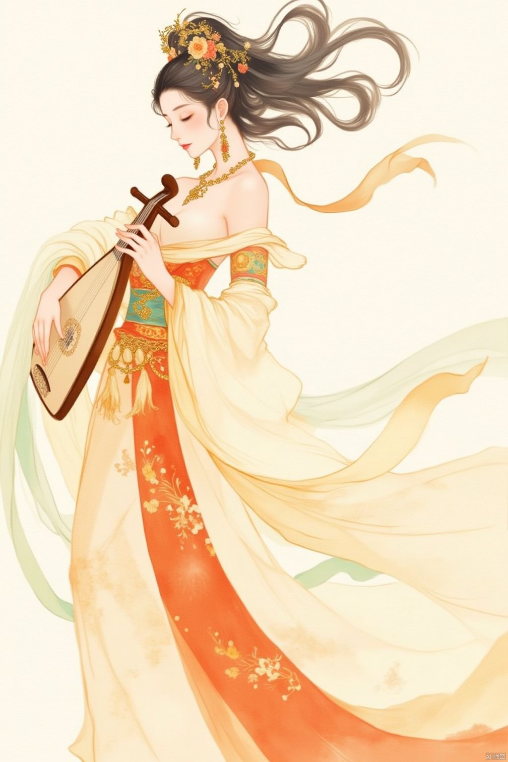 1girl, solo, long hair, black hair, hair ornament, long sleeves, dress, holding, bare shoulders, jewelry, closed mouth, standing, closed eyes, ponytail, flower, earrings, hair flower, necklace, off shoulder, bracelet, sash, profile, floating hair, chinese clothes, instrument, shawl, music, playing instrument, holding instrument, hagoromo, hanfu, lute \(instrument\)