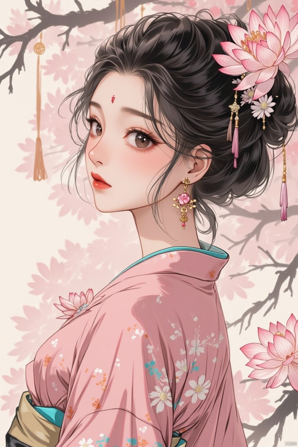 1girl, solo, looking at viewer, black hair, hair ornament, long sleeves, jewelry, closed mouth, upper body, flower, earrings, hair flower, kimono, from side, sash, makeup, facial mark, chinese clothes, floral print, cherry blossoms, tassel, pink flower, forehead mark, branch, red lips, pink kimono, tassel earrings, lotus, flower earrings