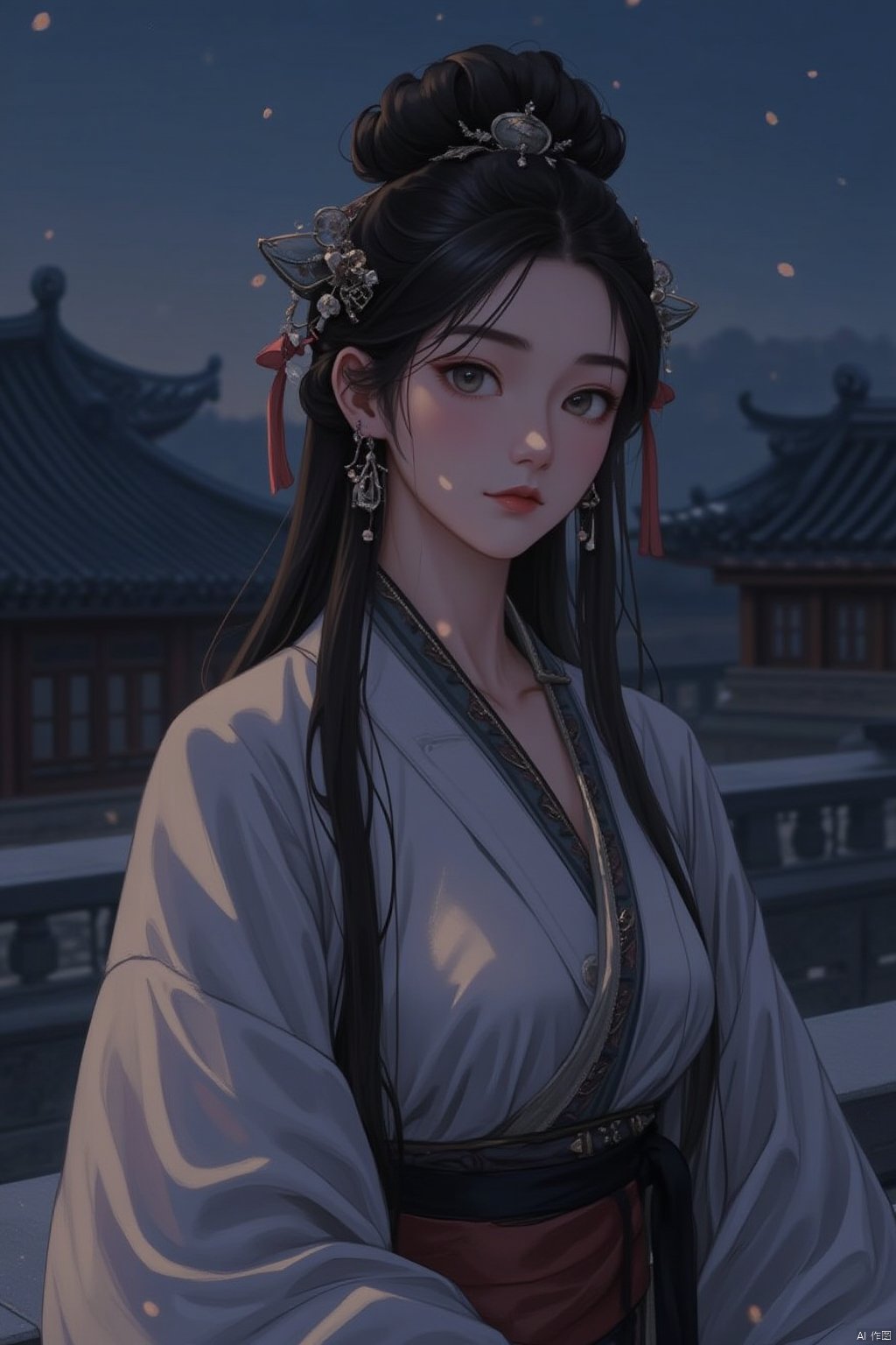 1girl, solo, long hair, black hair, hair ornament, long sleeves, dress, ribbon, jewelry, hair ribbon, upper body, earrings, outdoors, parted lips, sky, hair bun, sash, night, chinese clothes, architecture, hanfu