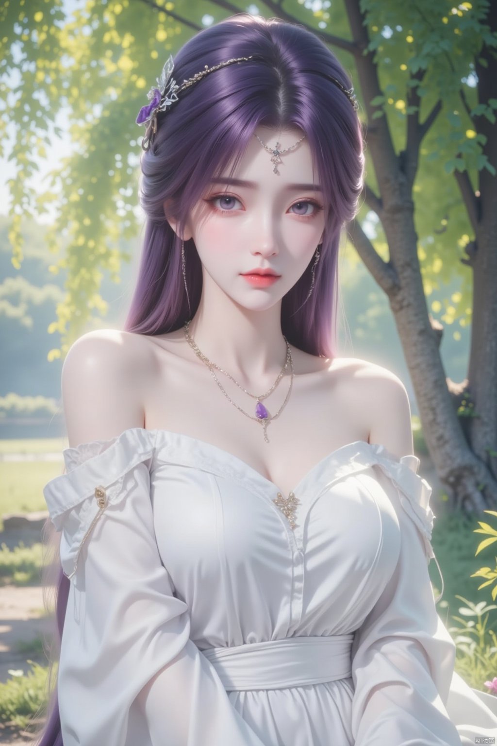  8K image.云曦Flux-起风了,purple hair,1girl, solo, long hair, breasts, looking at viewer, hair ornament, dress, bare shoulders, jewelry, sitting, purple hair, outdoors, necklace, white dress, tree