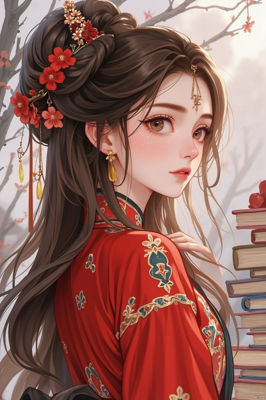 1girl, solo, long hair, looking at viewer, brown hair, black hair, hair ornament, dress, jewelry, upper body, flower, earrings, hair bun, from side, looking to the side, expressionless, chinese clothes, red dress, sarashi, branch, book stack