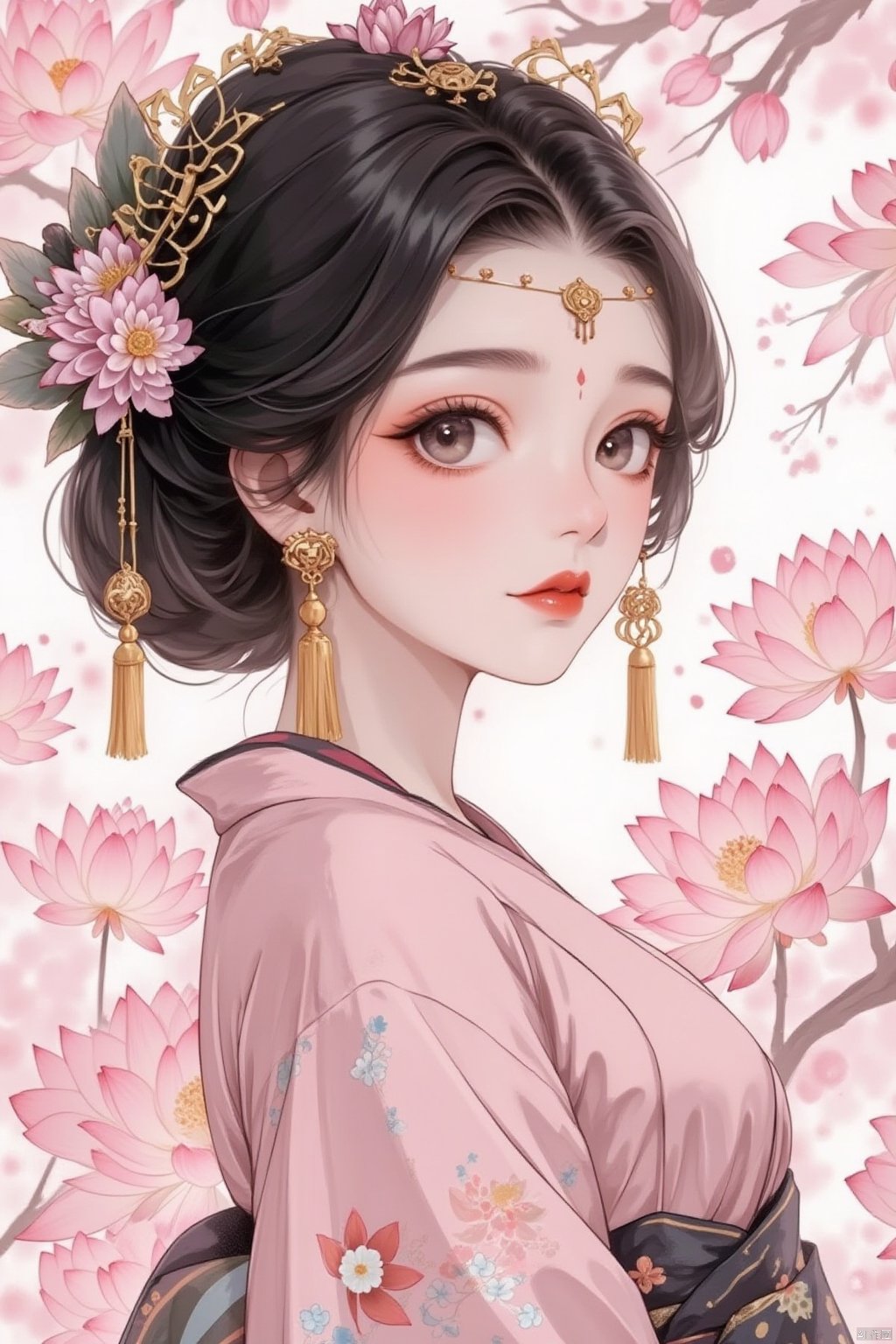 1girl, solo, looking at viewer, black hair, hair ornament, long sleeves, jewelry, closed mouth, upper body, flower, earrings, hair flower, kimono, from side, sash, makeup, facial mark, chinese clothes, floral print, cherry blossoms, tassel, pink flower, forehead mark, branch, red lips, pink kimono, tassel earrings, lotus, flower earrings